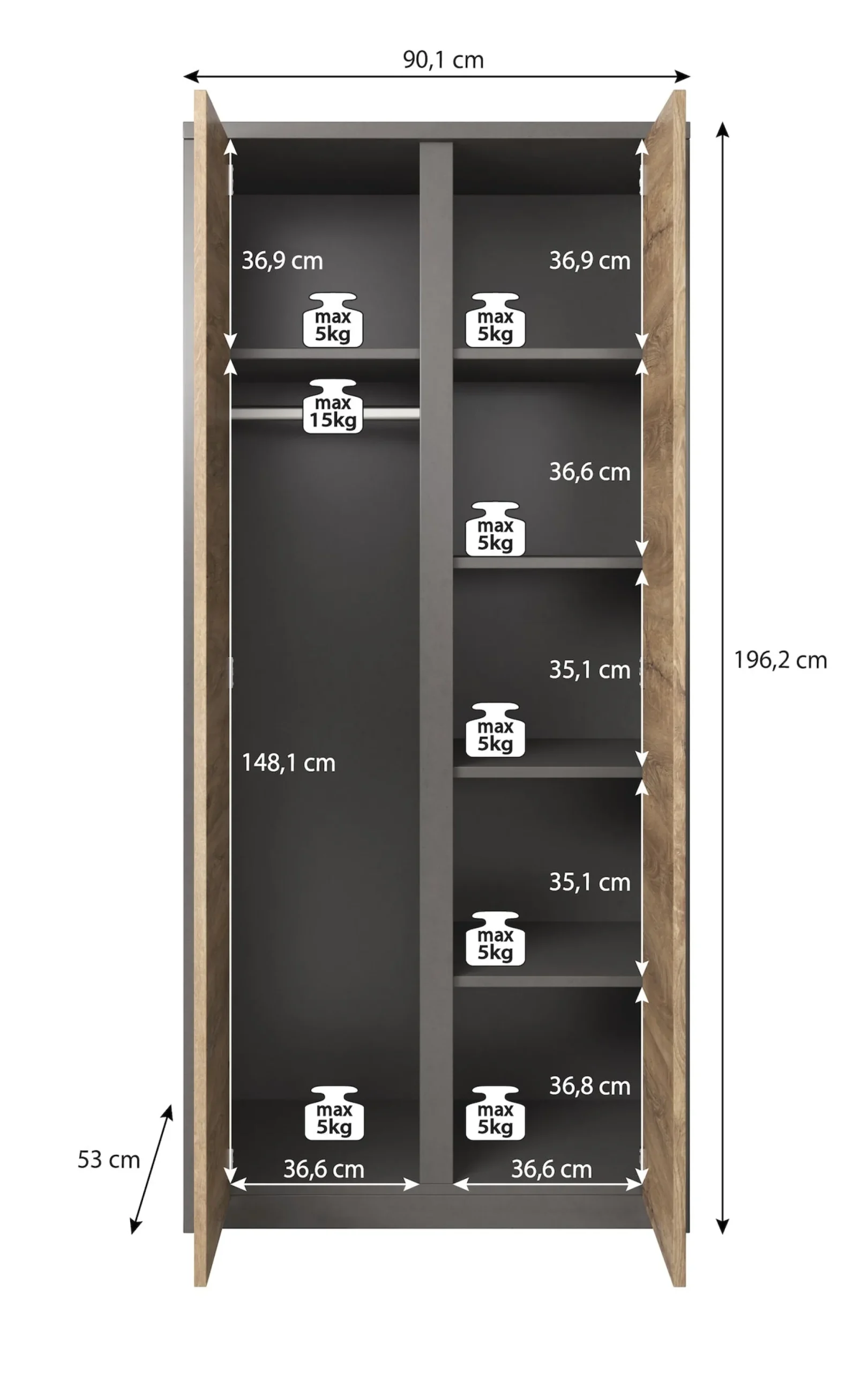 Melody - Kledingkast 2-deurs - Wit/eiken - 90x53x197 cm