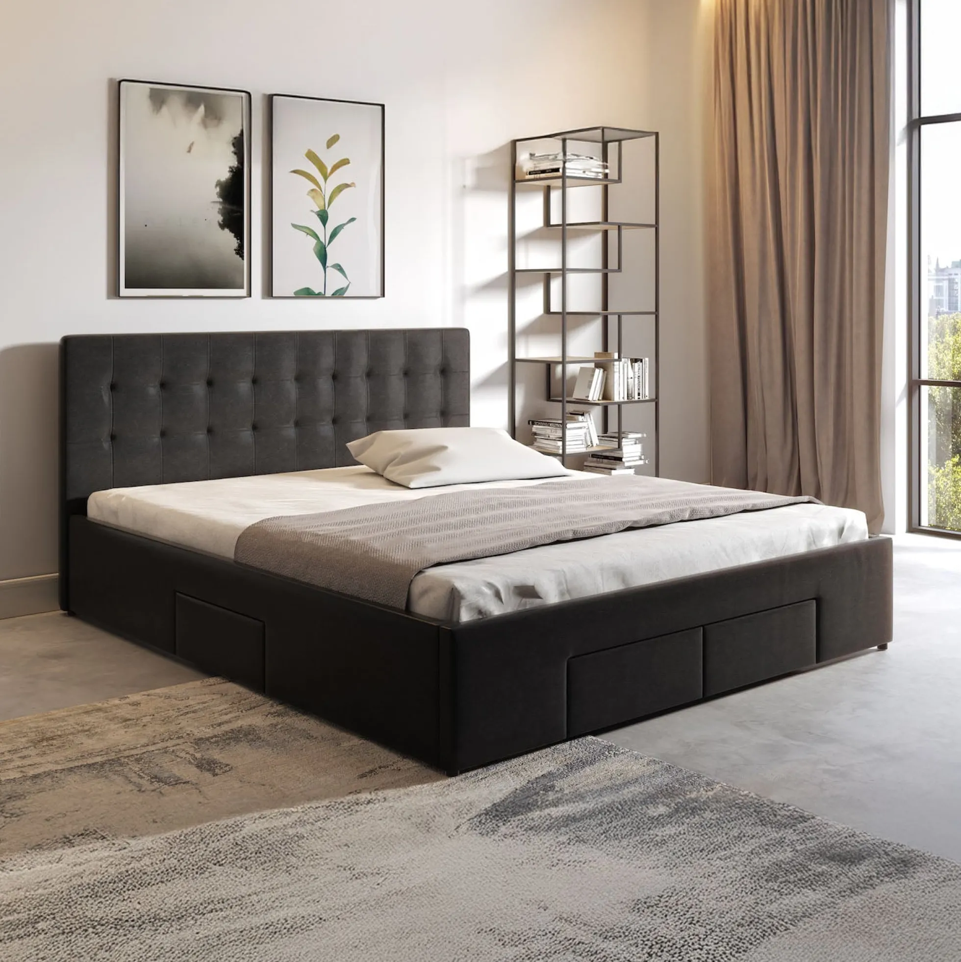 Milo - Tweepersoonsbed met lades - Zwart - 140x200 cm