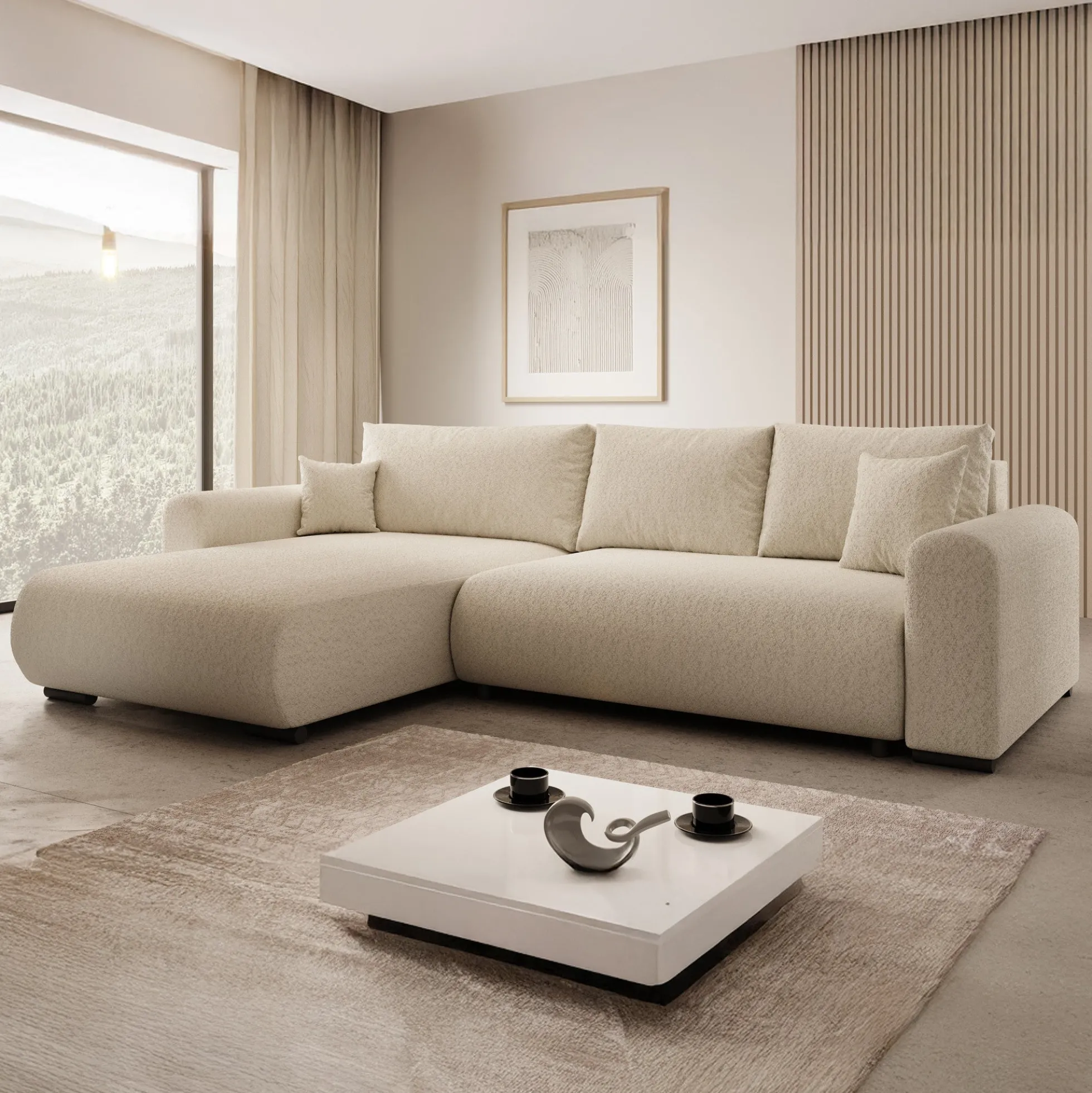 Mindin - Hoekbank 3-zits met chaise longue - Teddystof beige - Univers