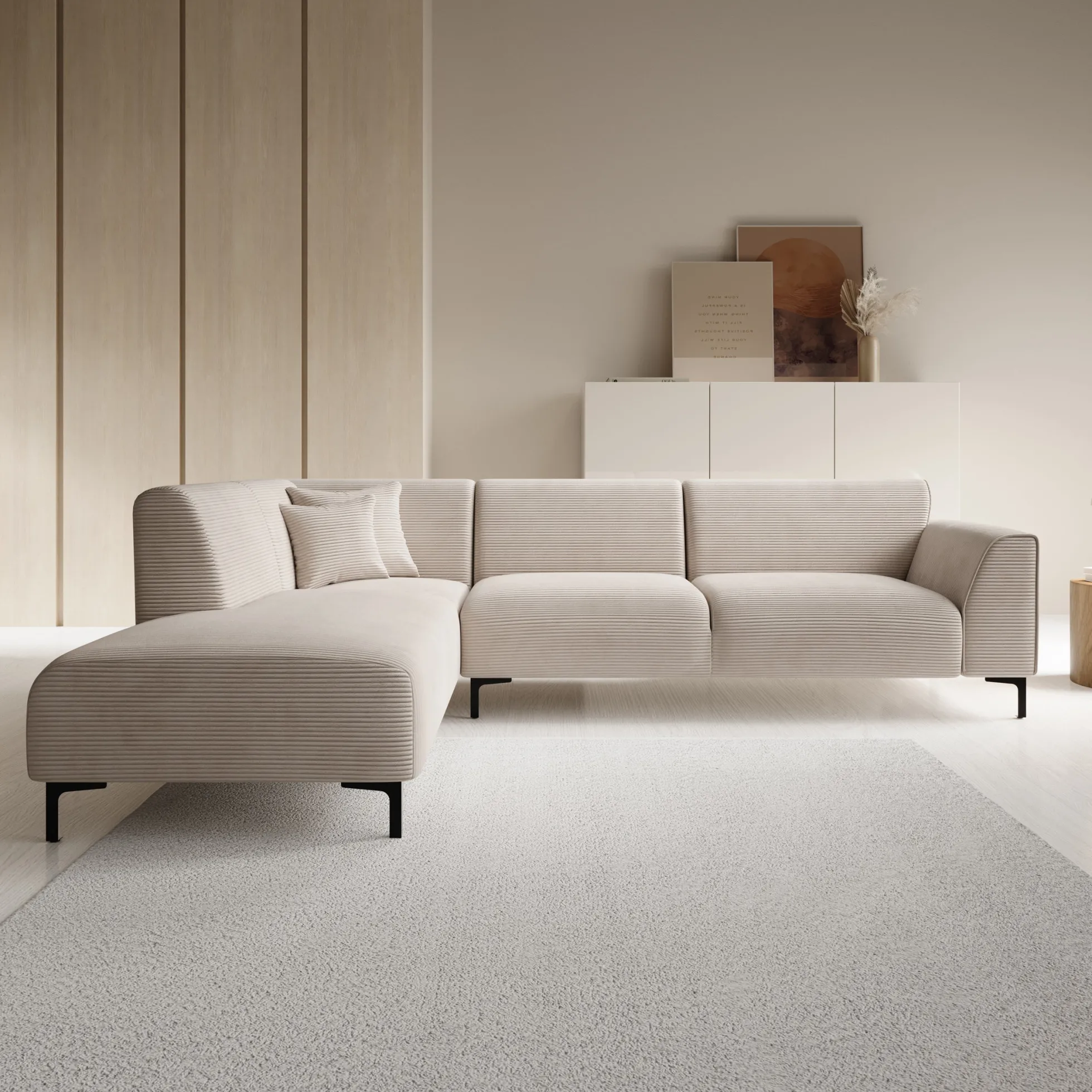 Moana - Hoekbank 4-zits met chaise longue - Ribstof beige - Links