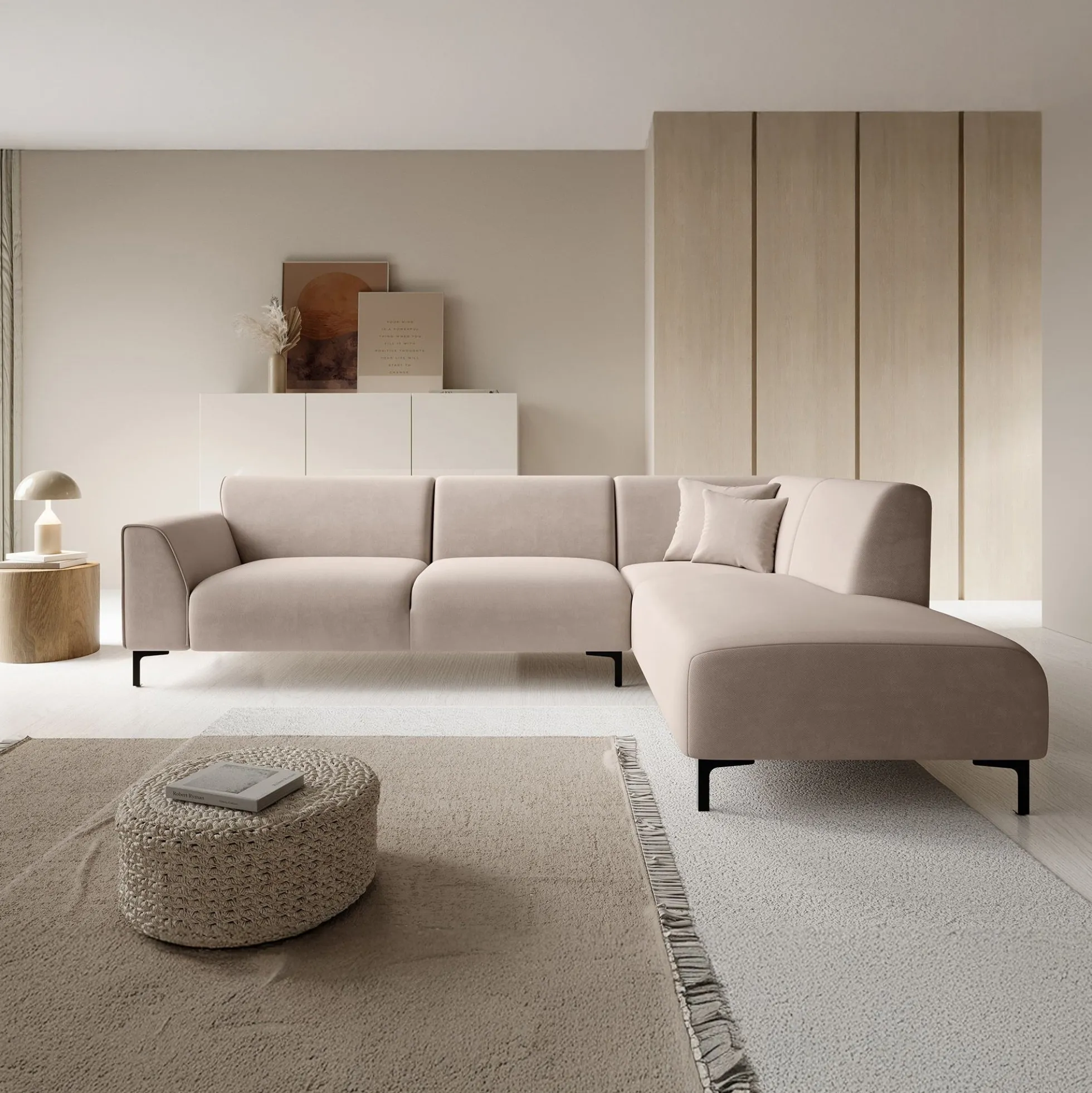 Moana - Hoekbank 4-zits met chaise longue - Stof beige - Rechts