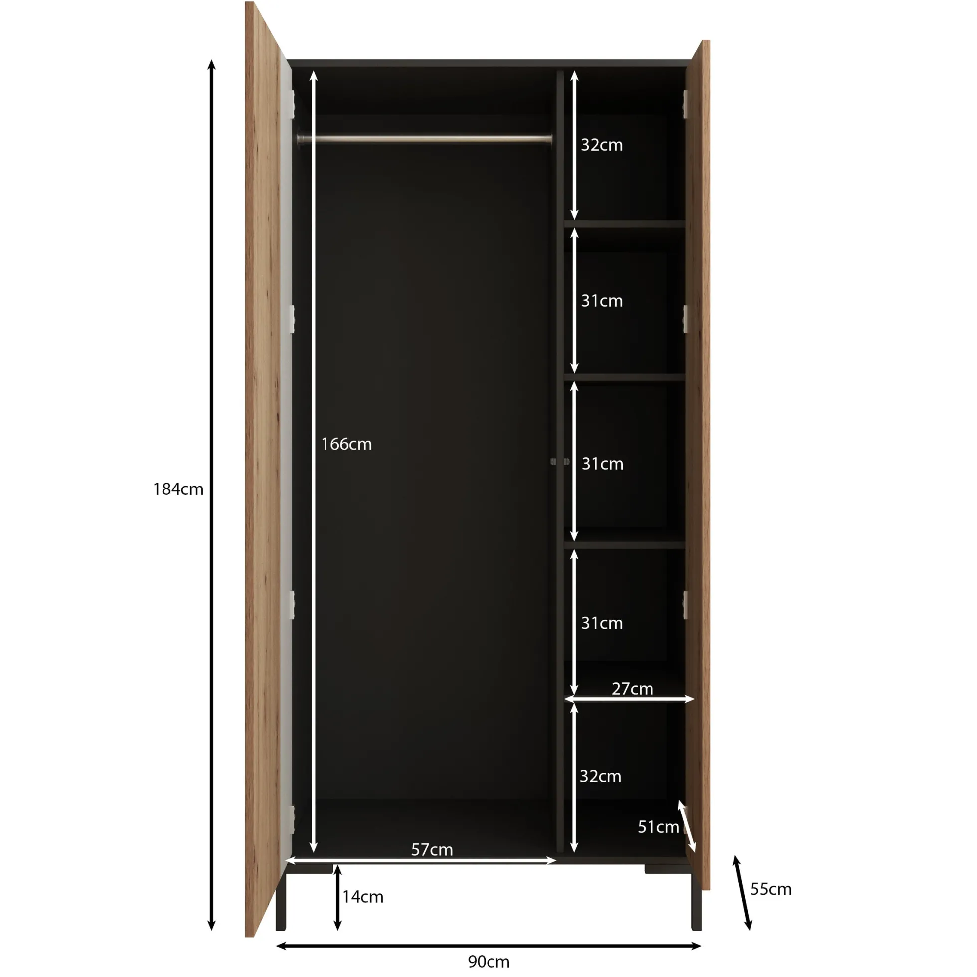 Molina - Kledingkast 2-deurs - Eiken - 90x55x184 cm