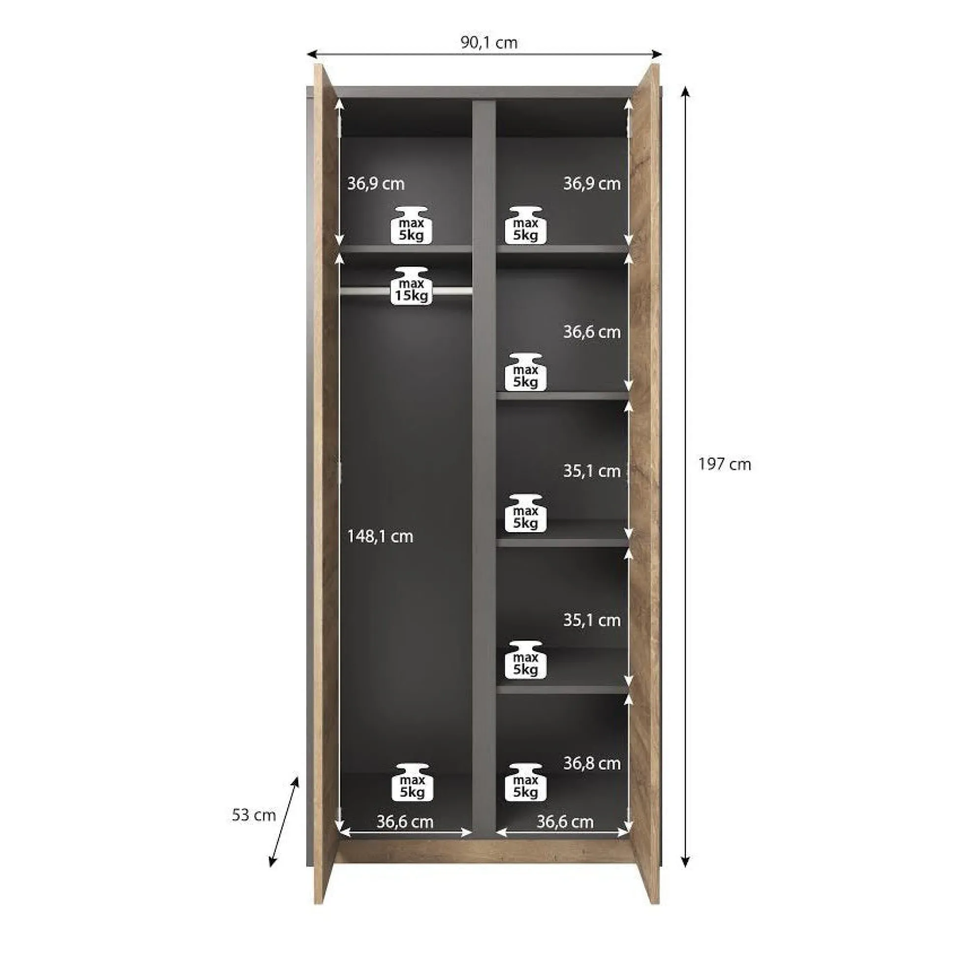 Monaco - Kledingkast 2-deurs - Eiken/grijs - 90x53x197 cm