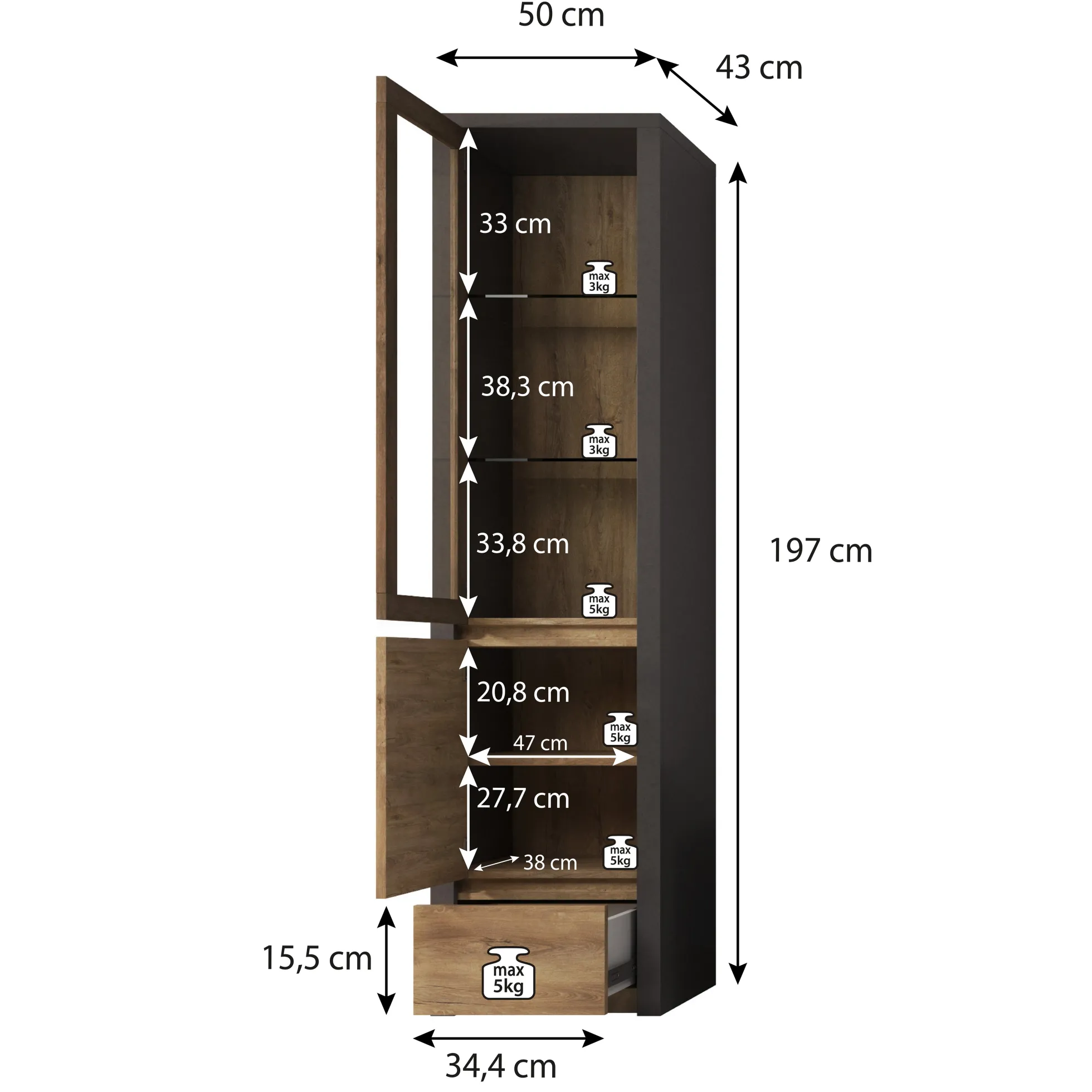 Monaco - Vitrinekast - Eiken/grijs - 50x43x197 cm