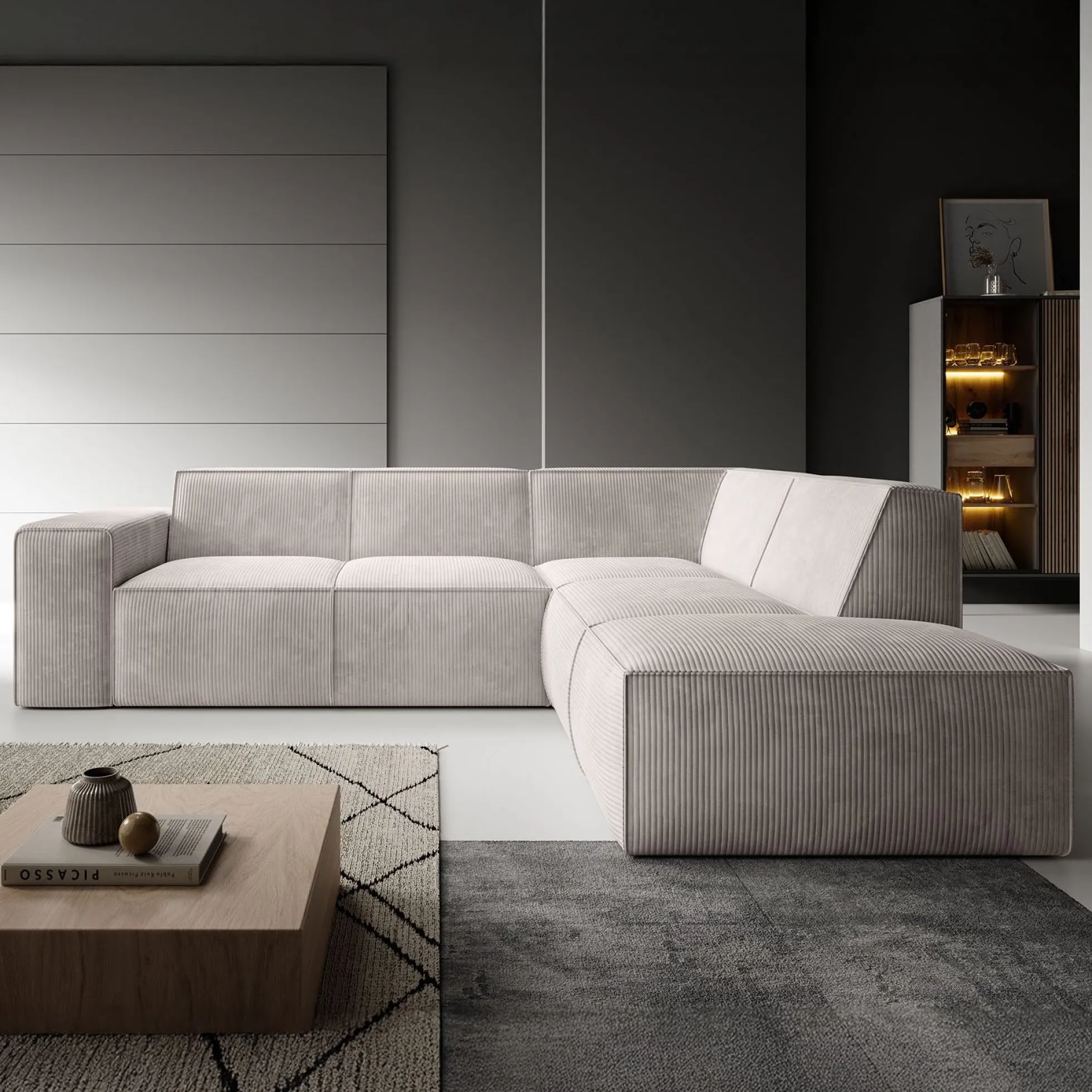 Monet - Hoekbank 4-zits met chaise longue - Ribstof beige - Rechts