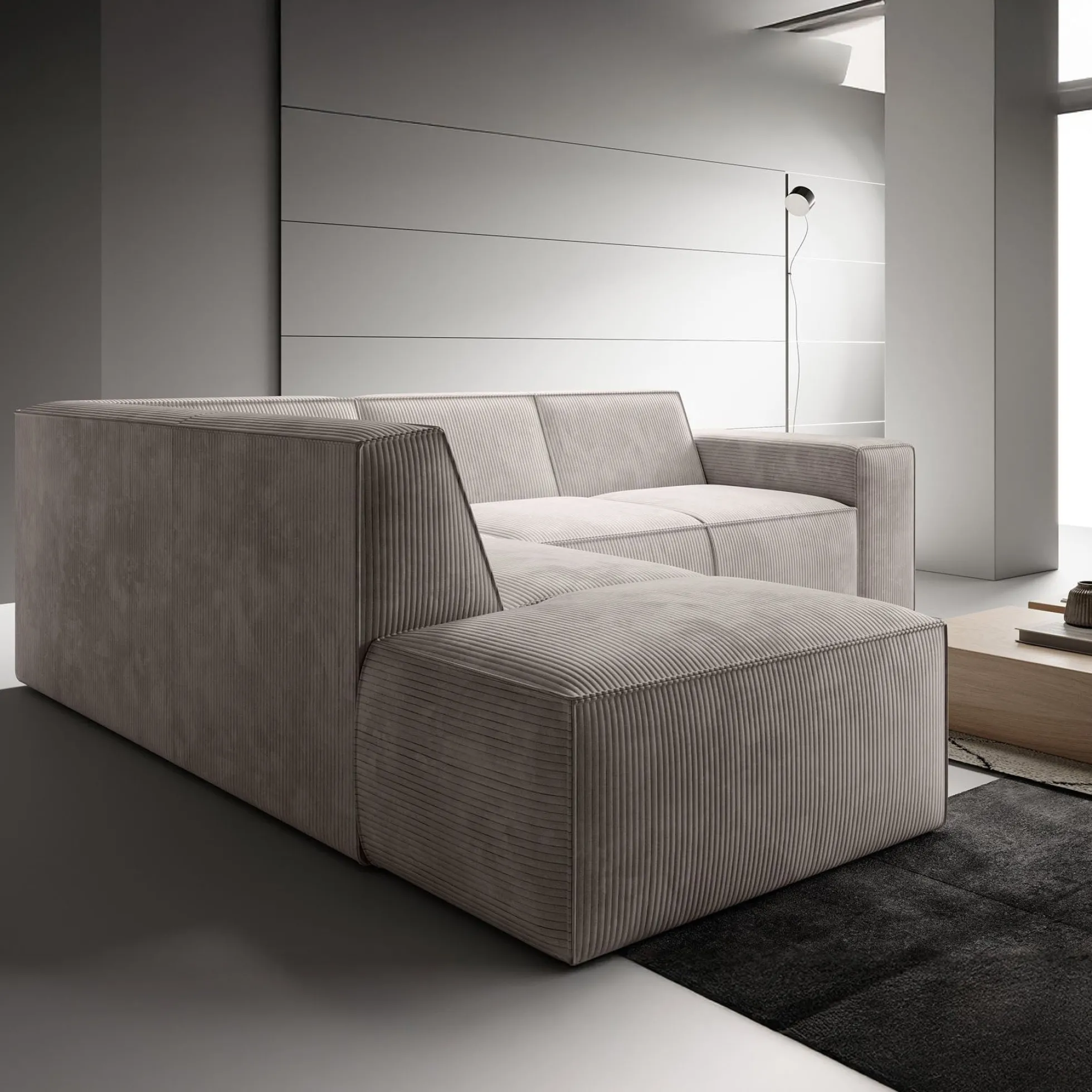 Monet - Hoekbank 4-zits met chaise longue - Ribstof beige - Links