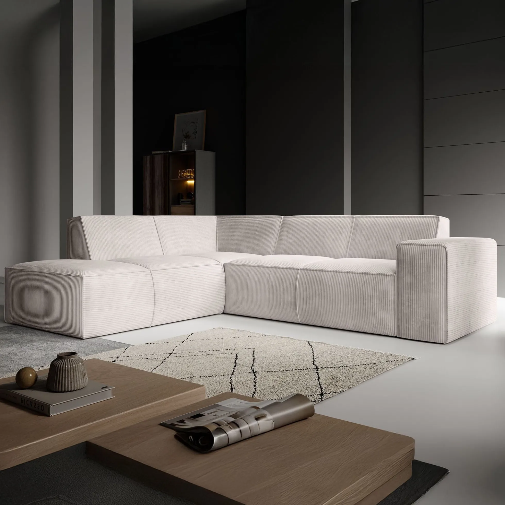 Monet - Hoekbank 4-zits met chaise longue - Ribstof beige - Links