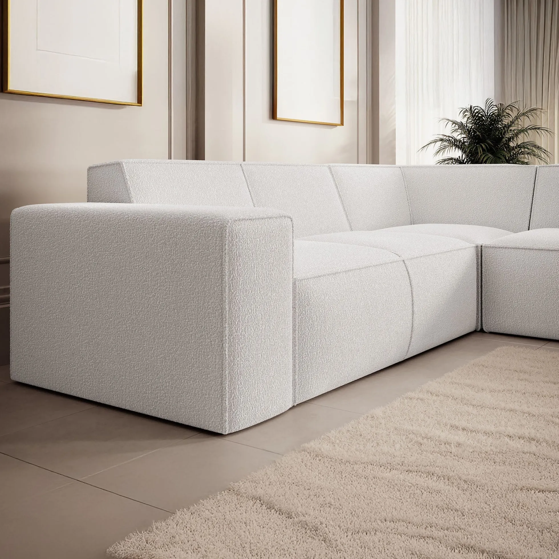 Monet - Hoekbank 4-zits met chaise longue - Teddystof wit - Rechts