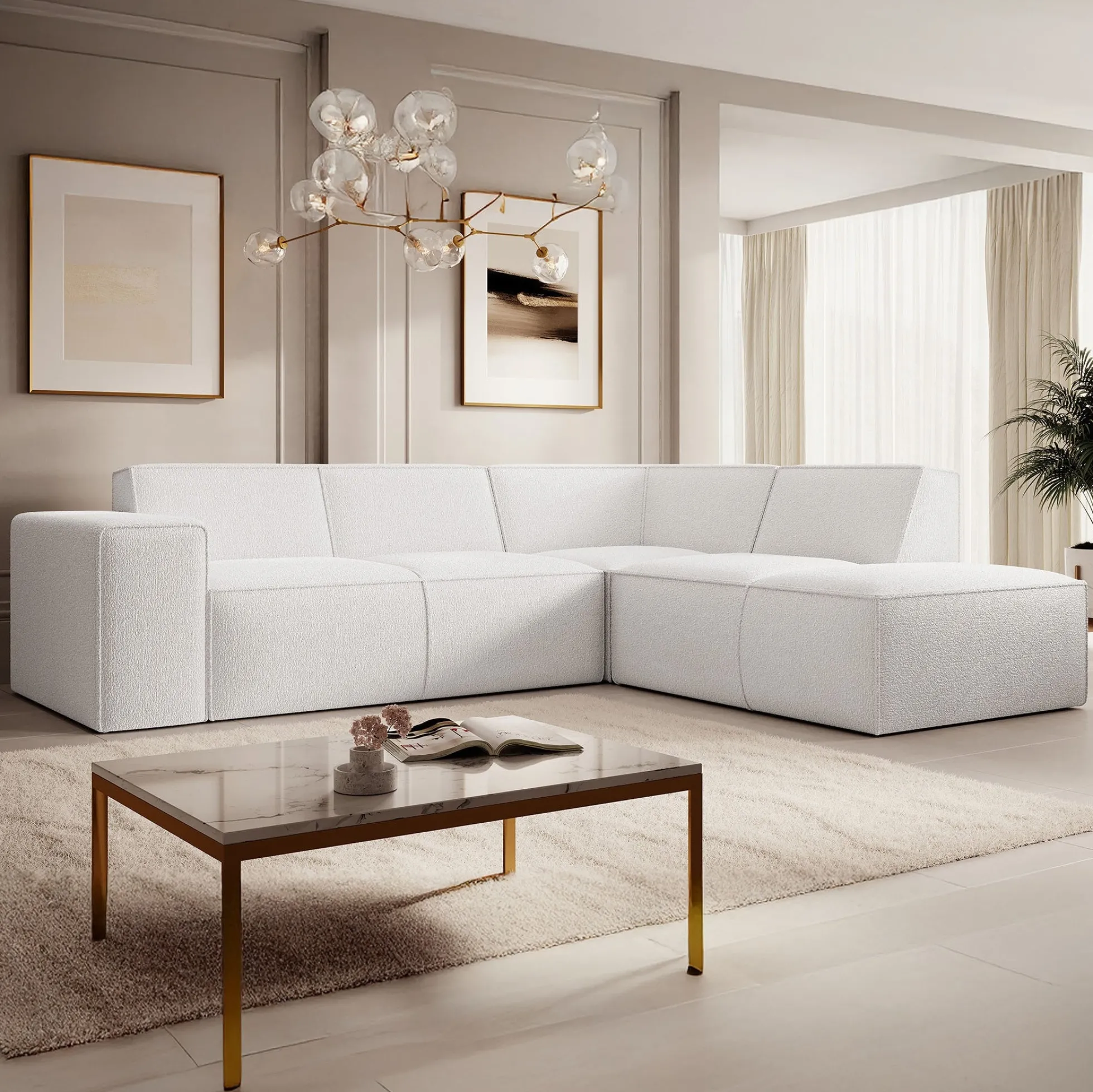 Monet - Hoekbank 4-zits met chaise longue - Teddystof wit - Rechts