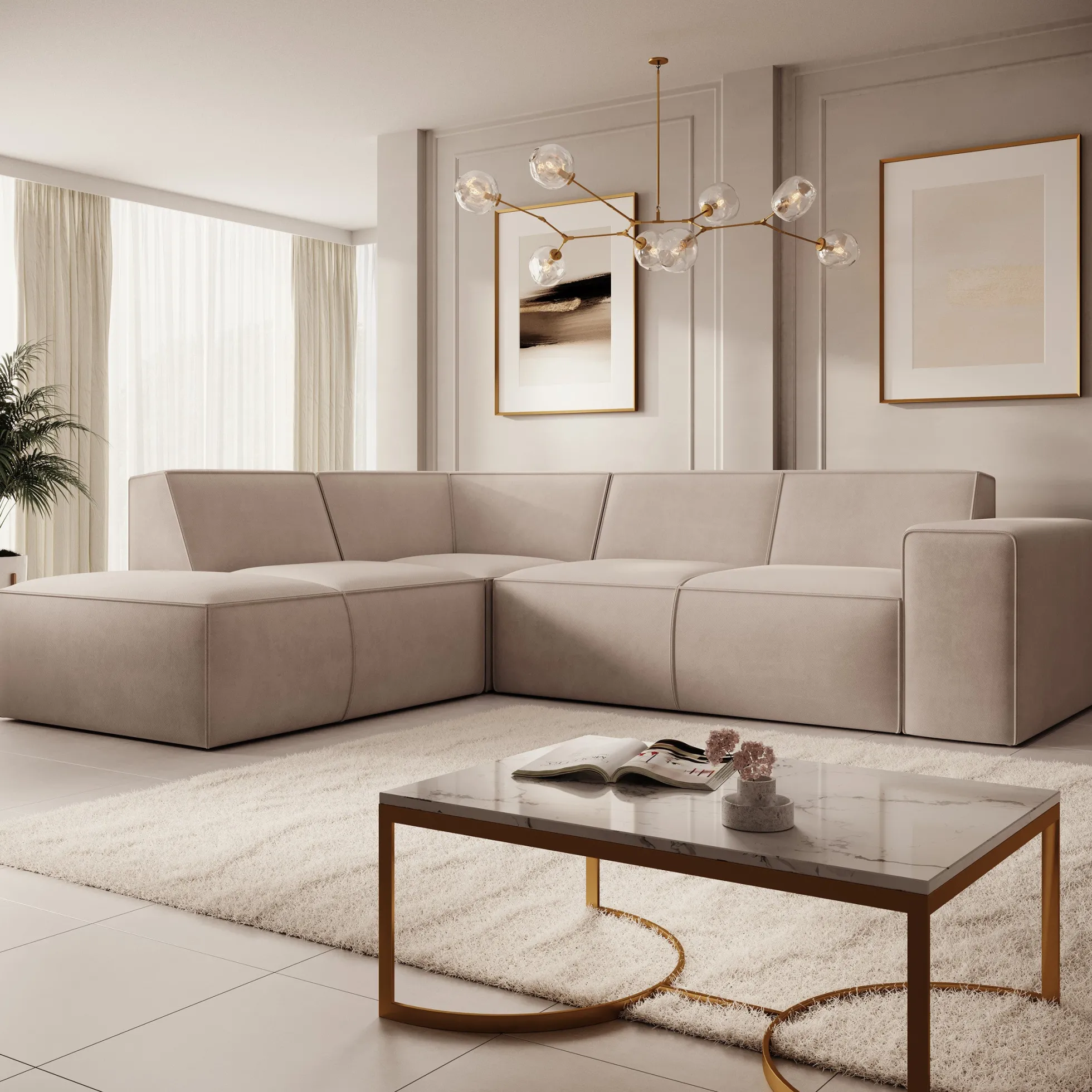 Monet - Hoekbank 4-zits met chaise longue - Stof beige - Links - 261x2