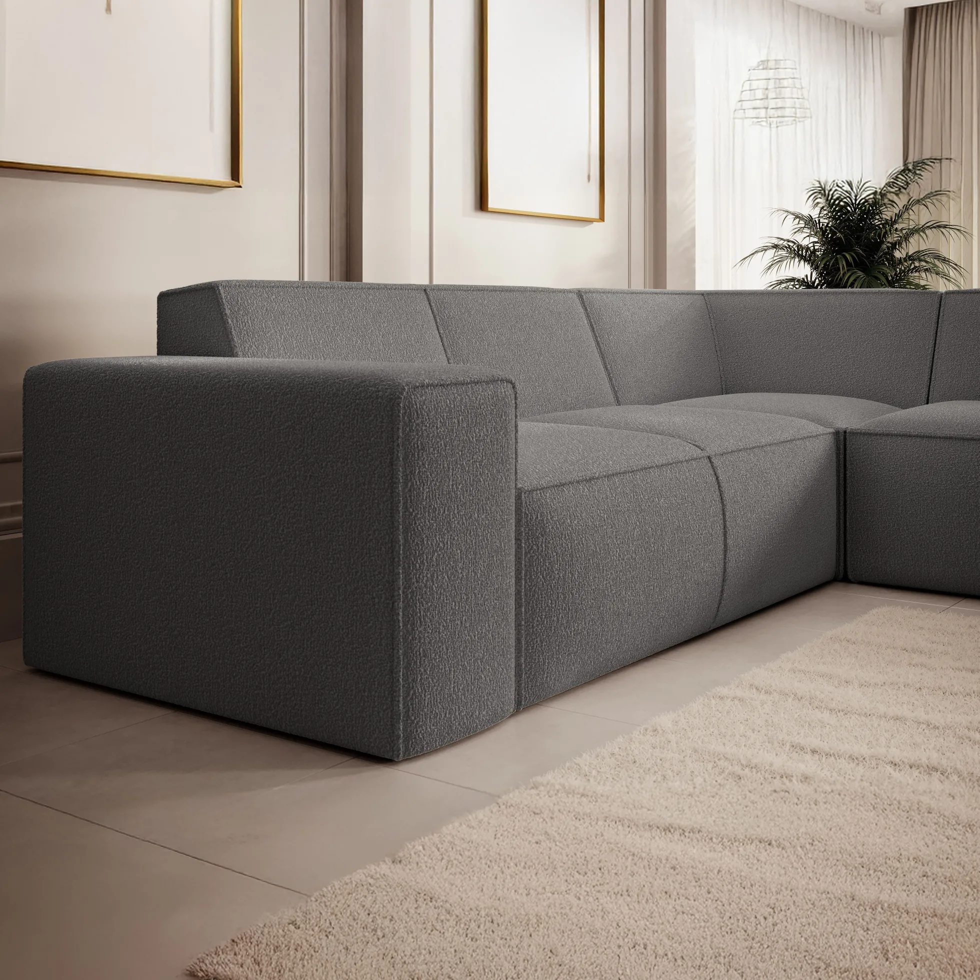 Monet - Hoekbank 4-zits met chaise longue - Teddystof grijs - Rechts