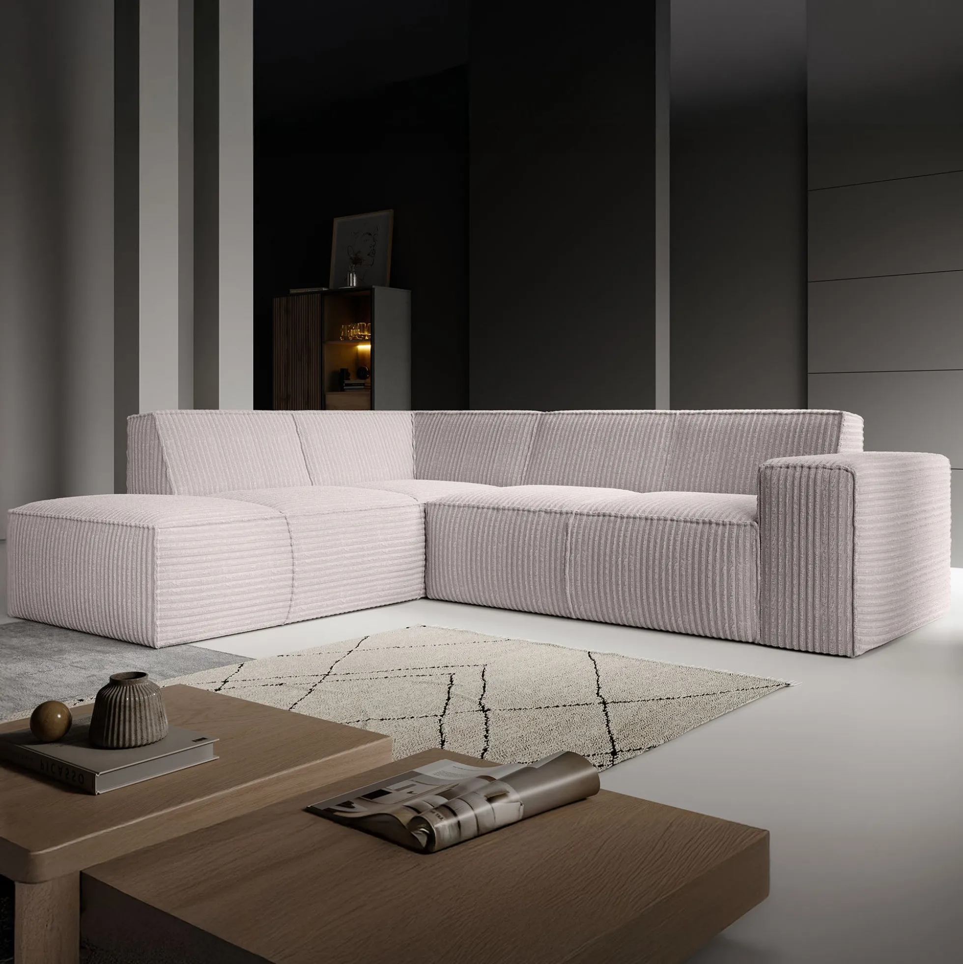Monet - Hoekbank 4-zits met chaise longue - Fluffy ribstof beige - Lin