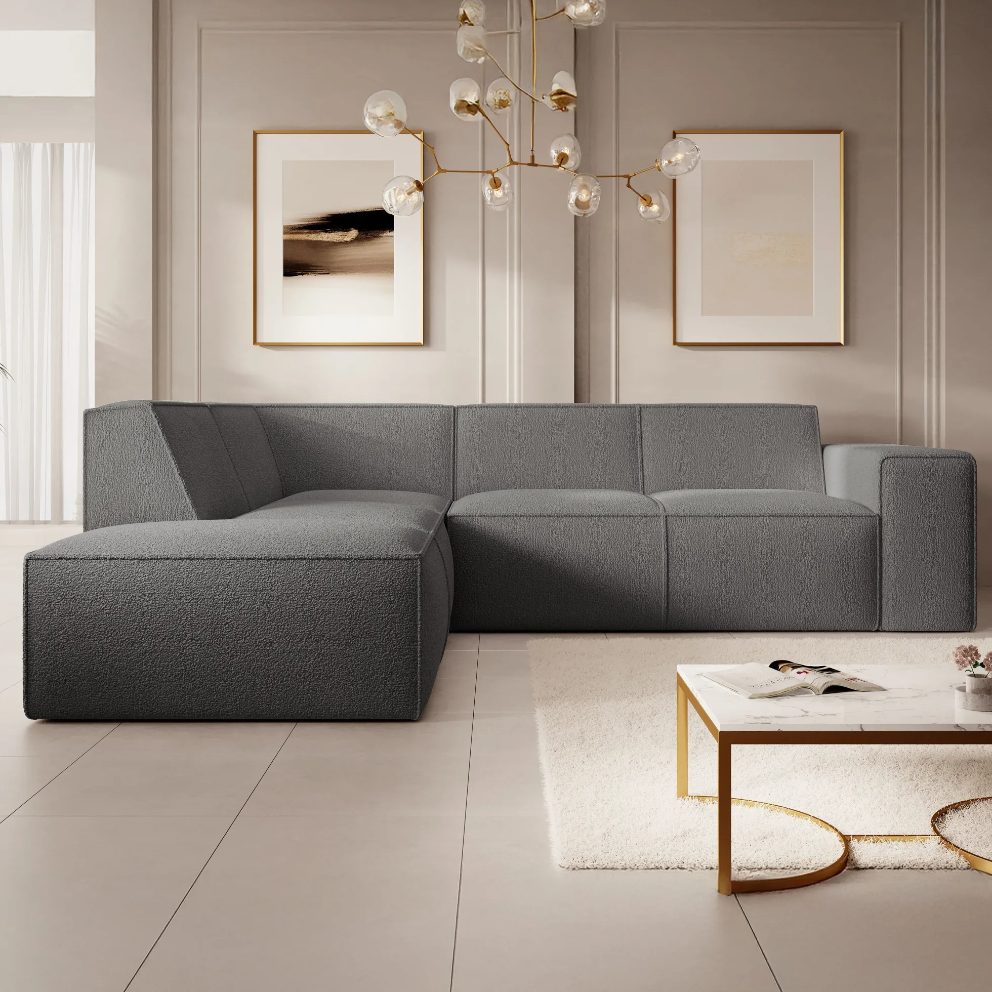 Monet - Hoekbank 4-zits met chaise longue - Teddystof grijs - Links