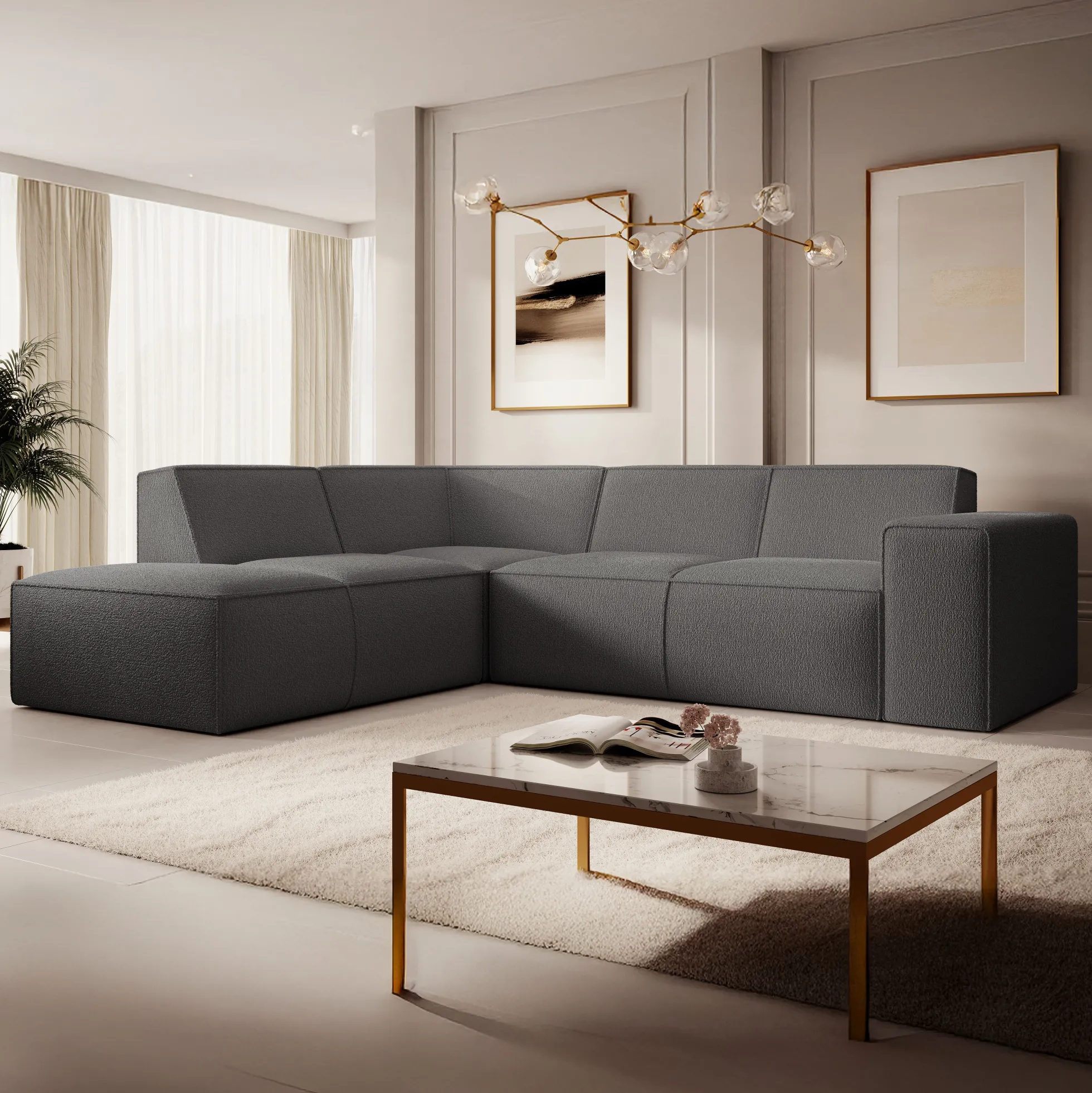 Monet - Hoekbank 4-zits met chaise longue - Teddystof grijs - Links