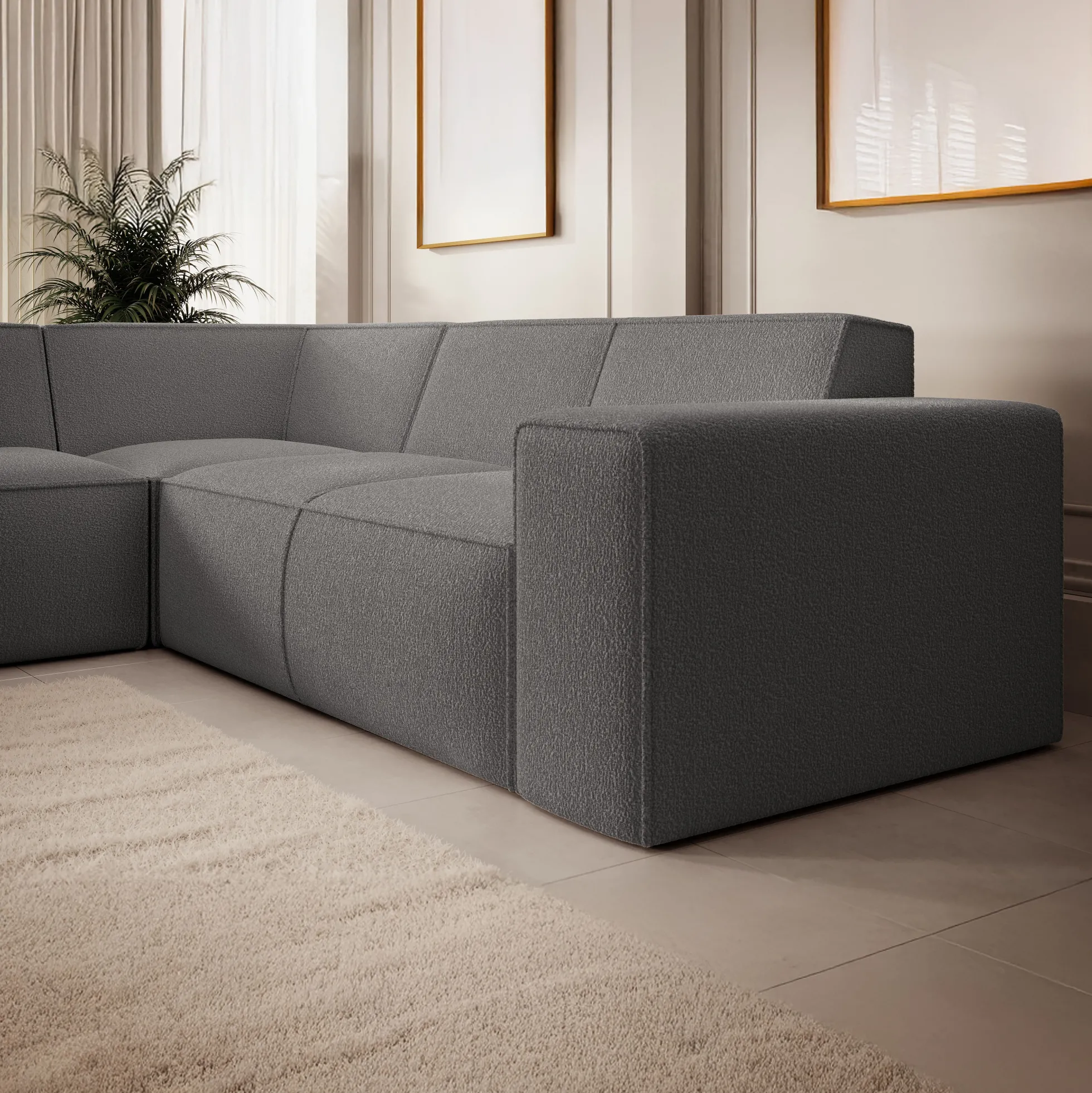 Monet - Hoekbank 4-zits met chaise longue - Teddystof grijs - Links