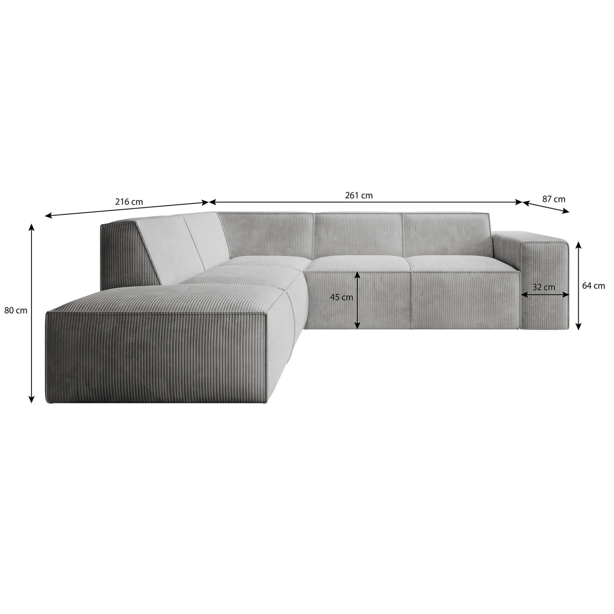 Monet - Hoekbank 4-zits met chaise longue - Ribstof grijs - Links