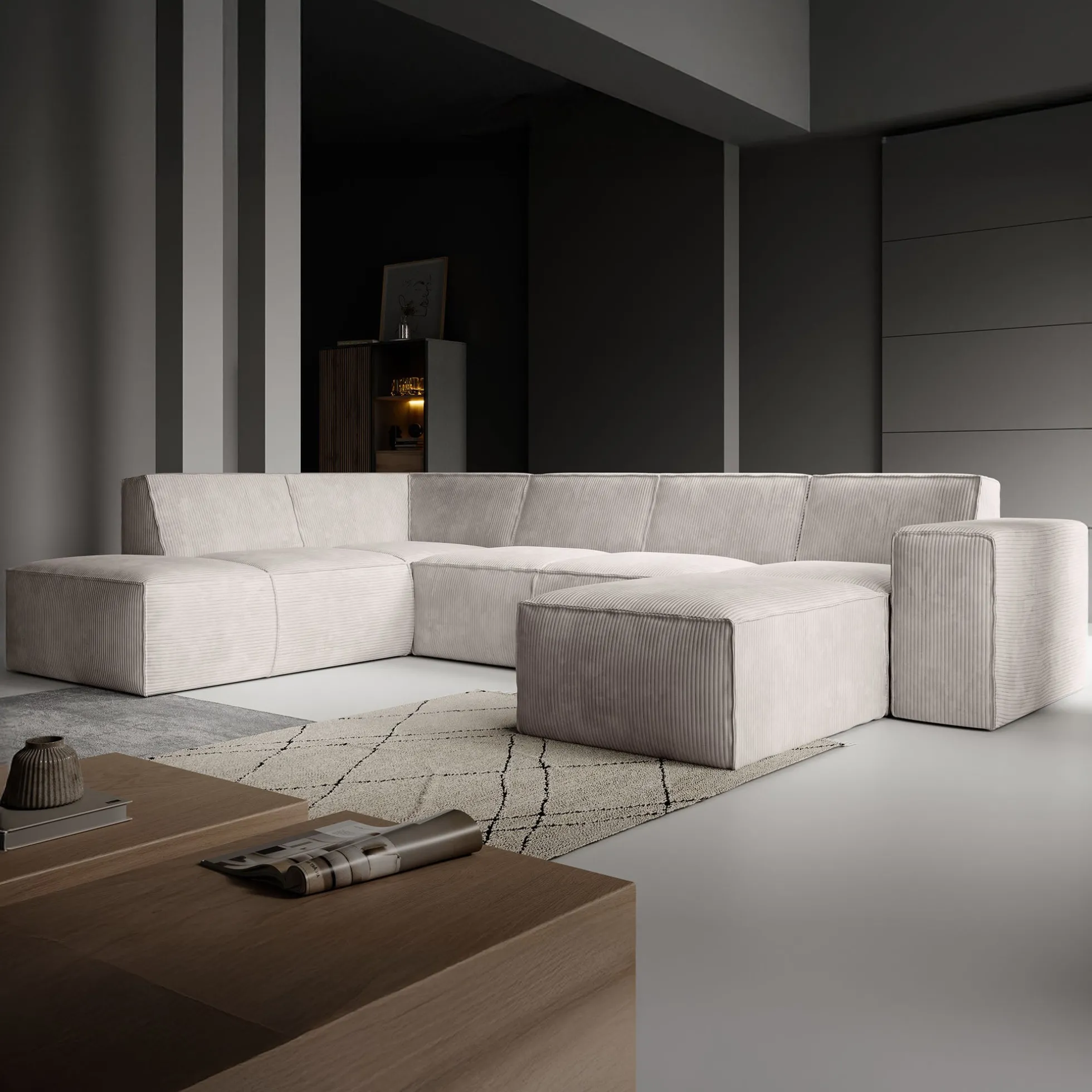 Monet XL - Hoekbank 5-zits met chaise longue - Ribstof beige - Rechts