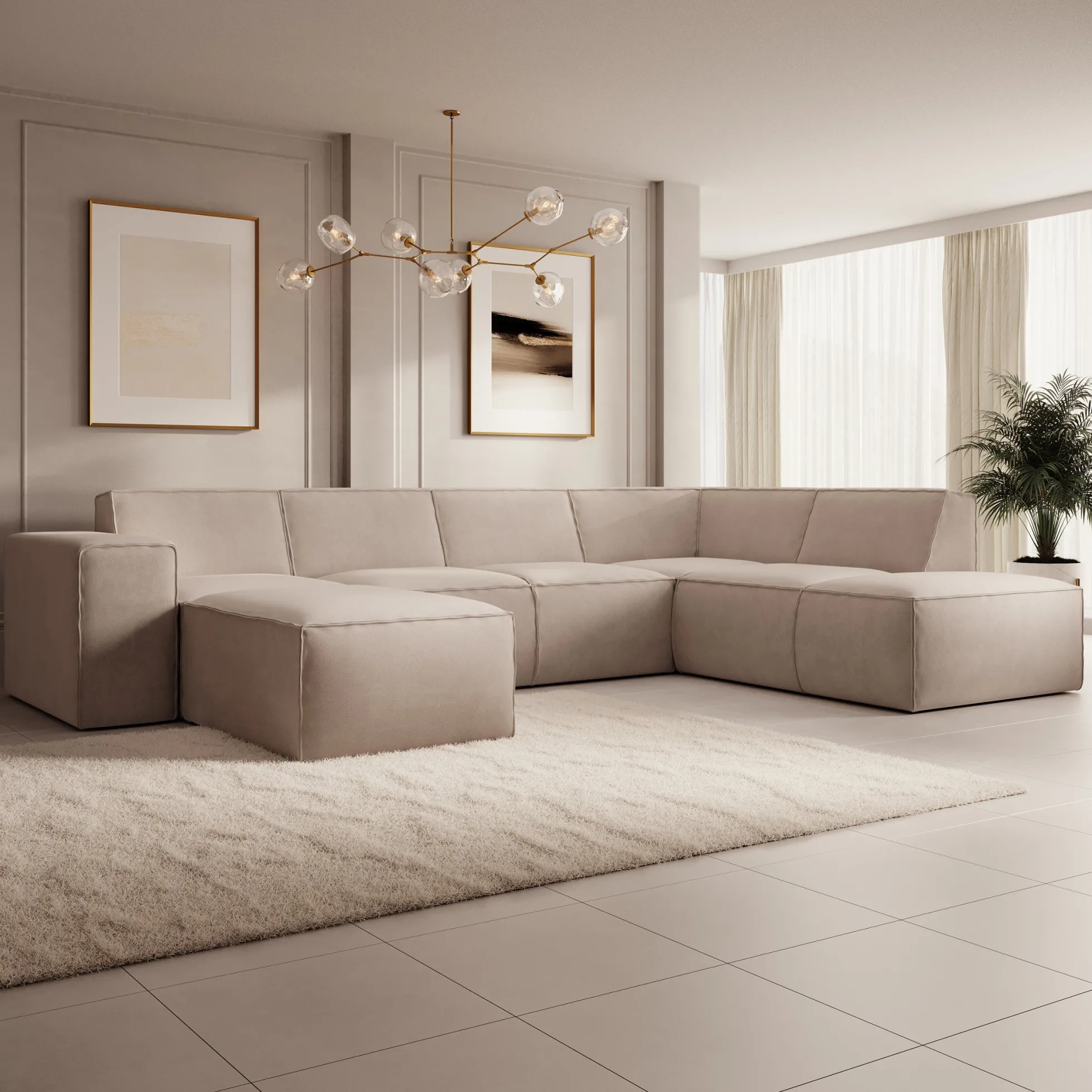 Monet XL - Hoekbank 5-zits met chaise longue - Stof beige - Links 334x