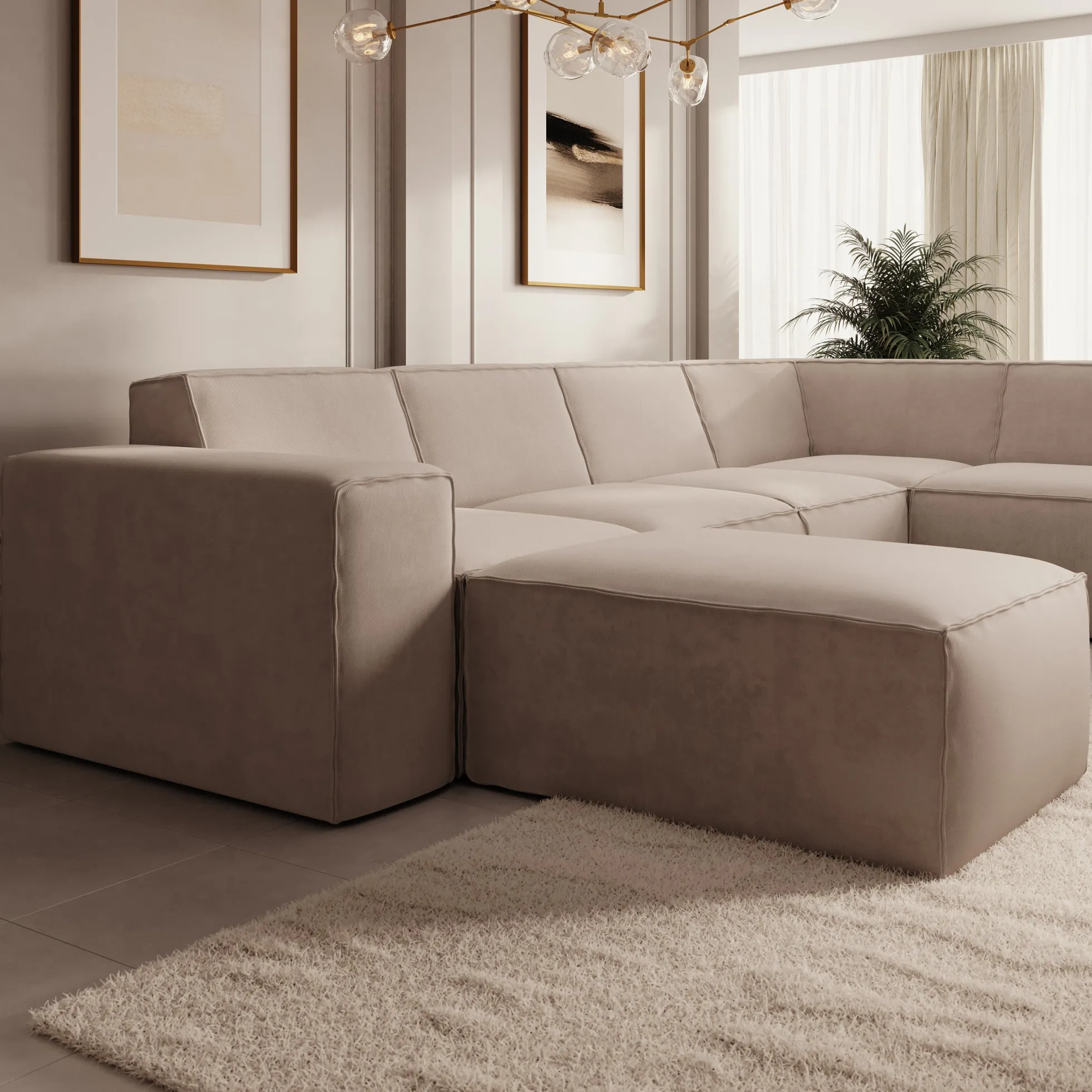 Monet XL - Hoekbank 5-zits met chaise longue - Stof beige - Links 334x