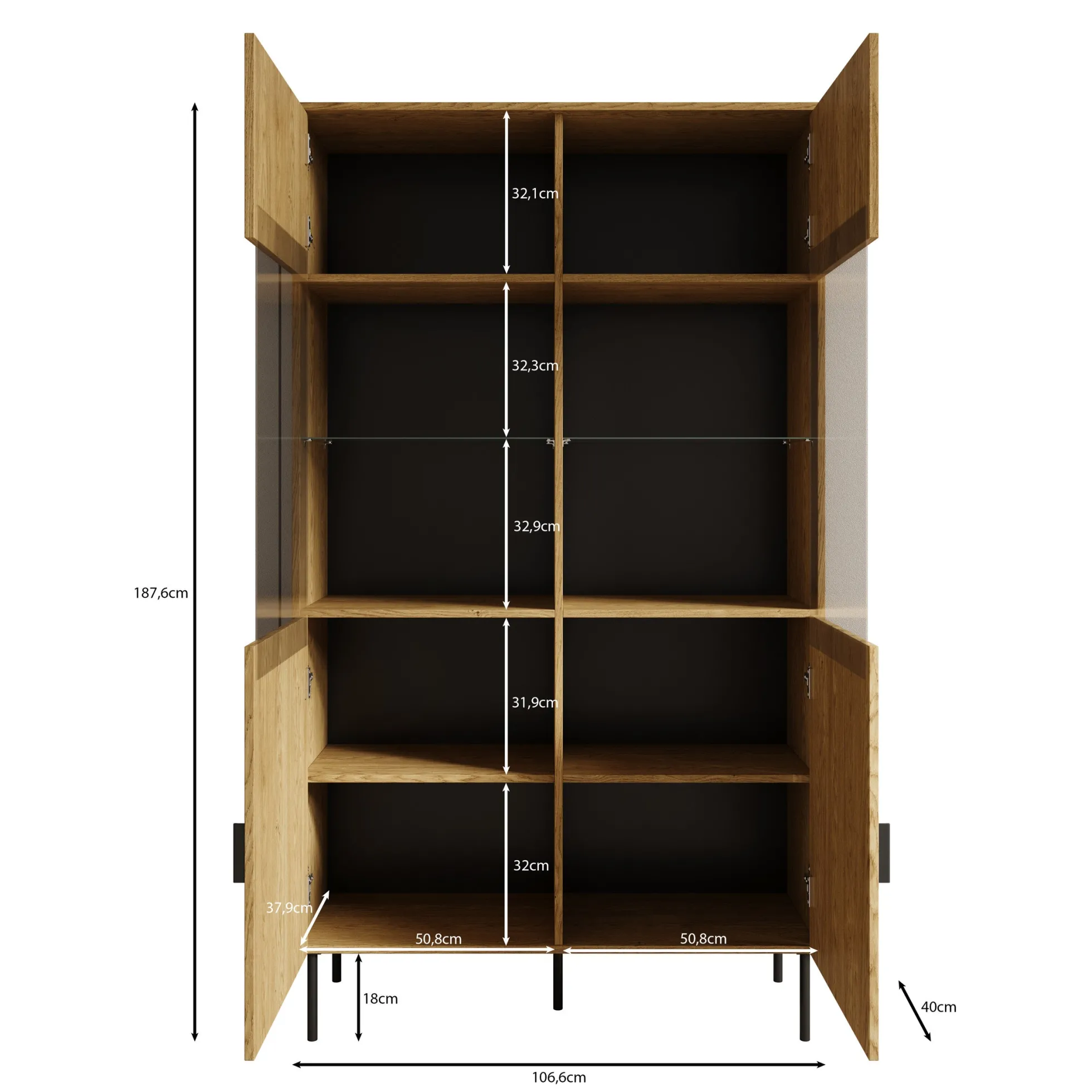 Monor - Vitrinekast - Zwart - 107x40x188 cm