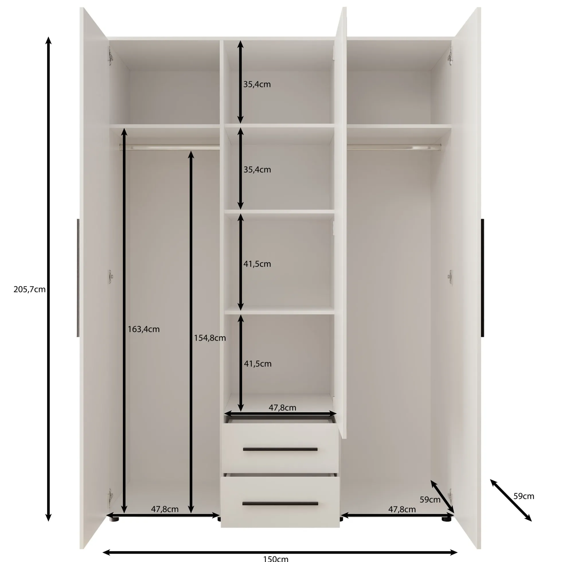 Montalo - Kledingkast 3-deurs - Wit - 150x59x206 cm