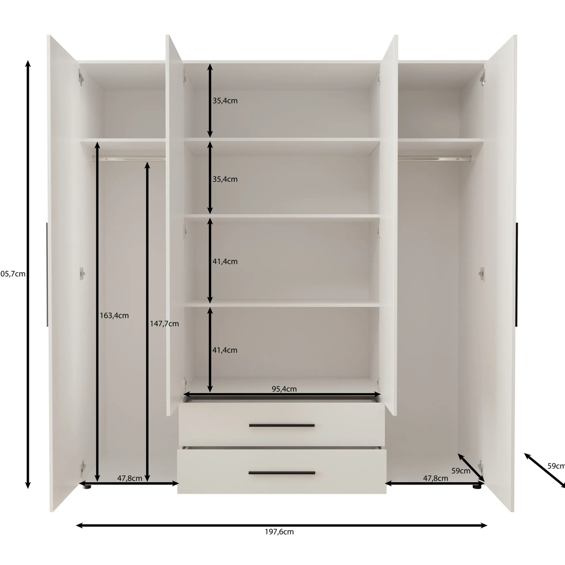 Montalo - Kledingkast 4-deurs - Zwart - 198x59x206 cm