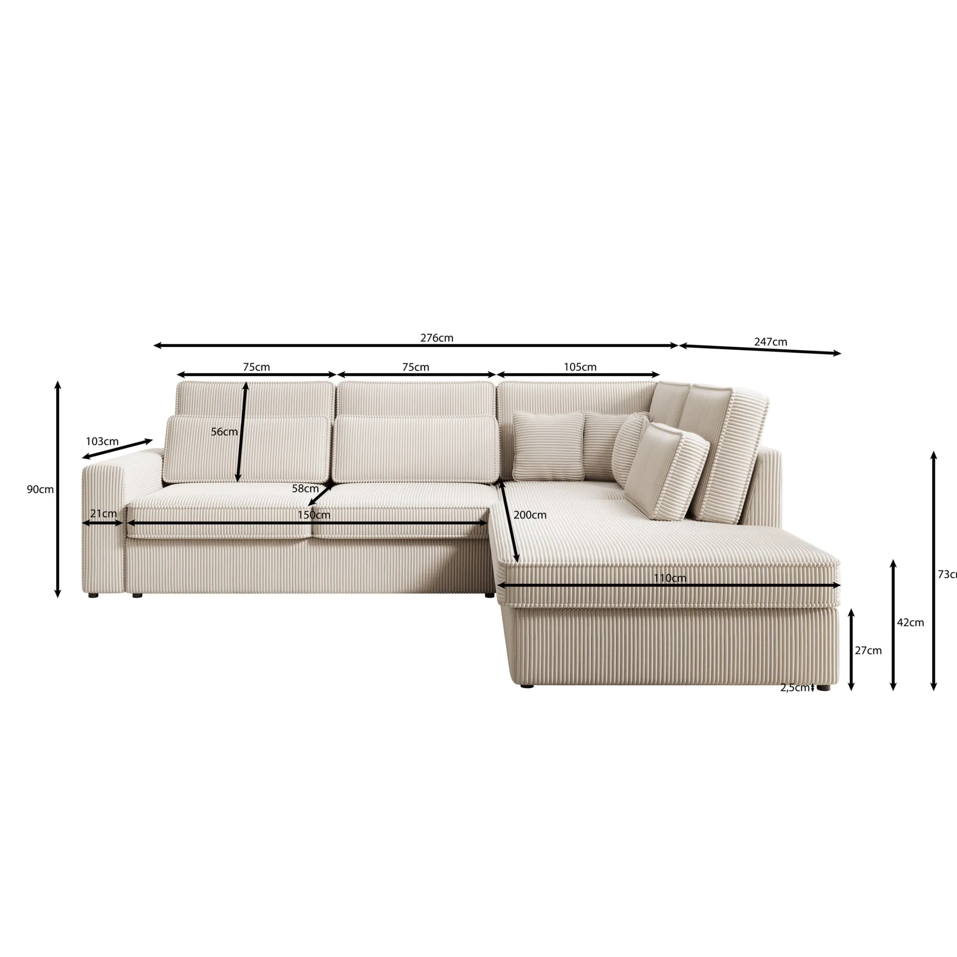 Montore - Hoekbank 5-zits met chaise longue - Ribstof beige - Rechts