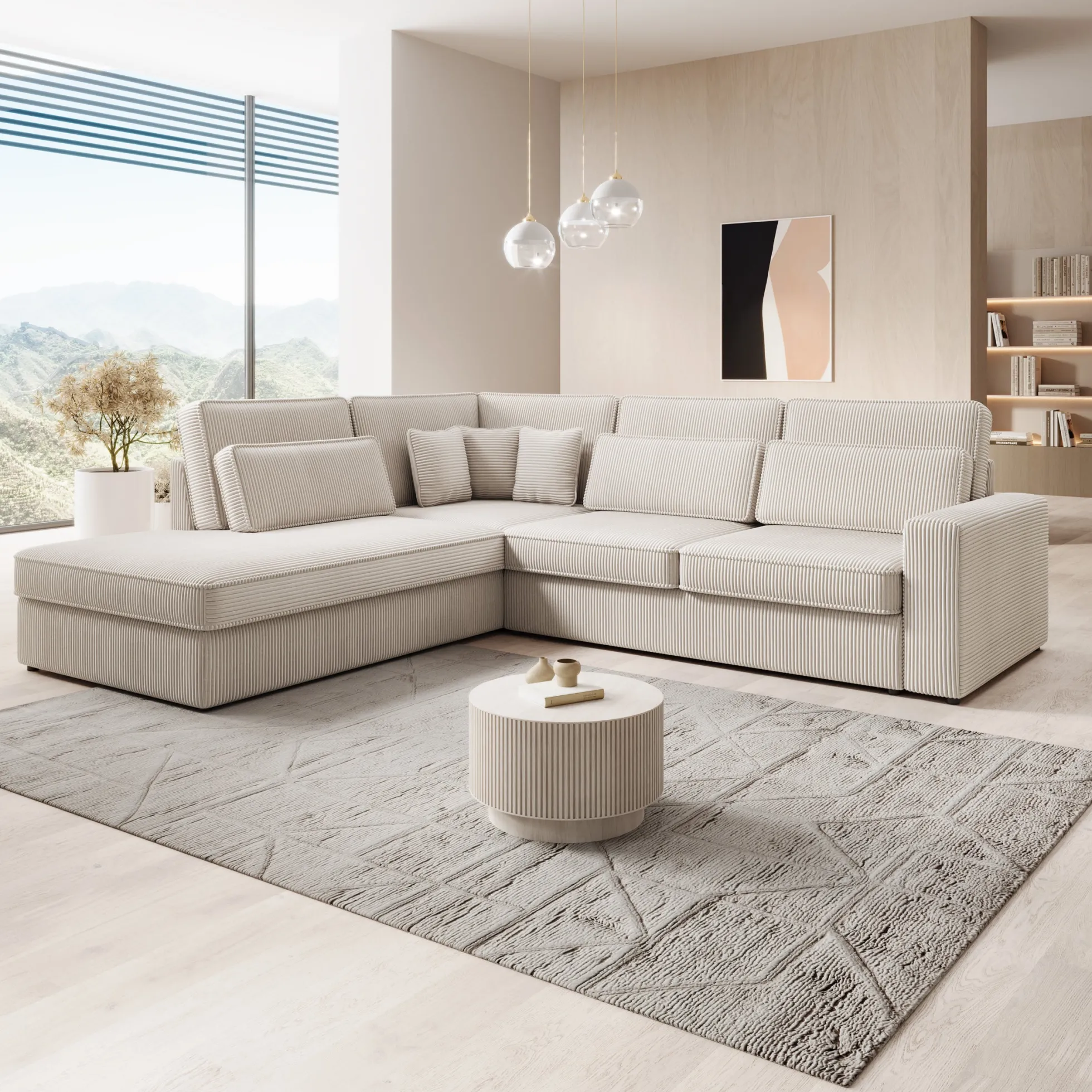 Montore - Hoekbank 5-zits met chaise longue - Ribstof beige - Links