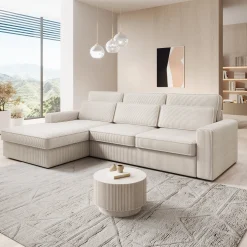 Montore - Hoekbank 3-zits met chaise longue - Ribstof beige - Links