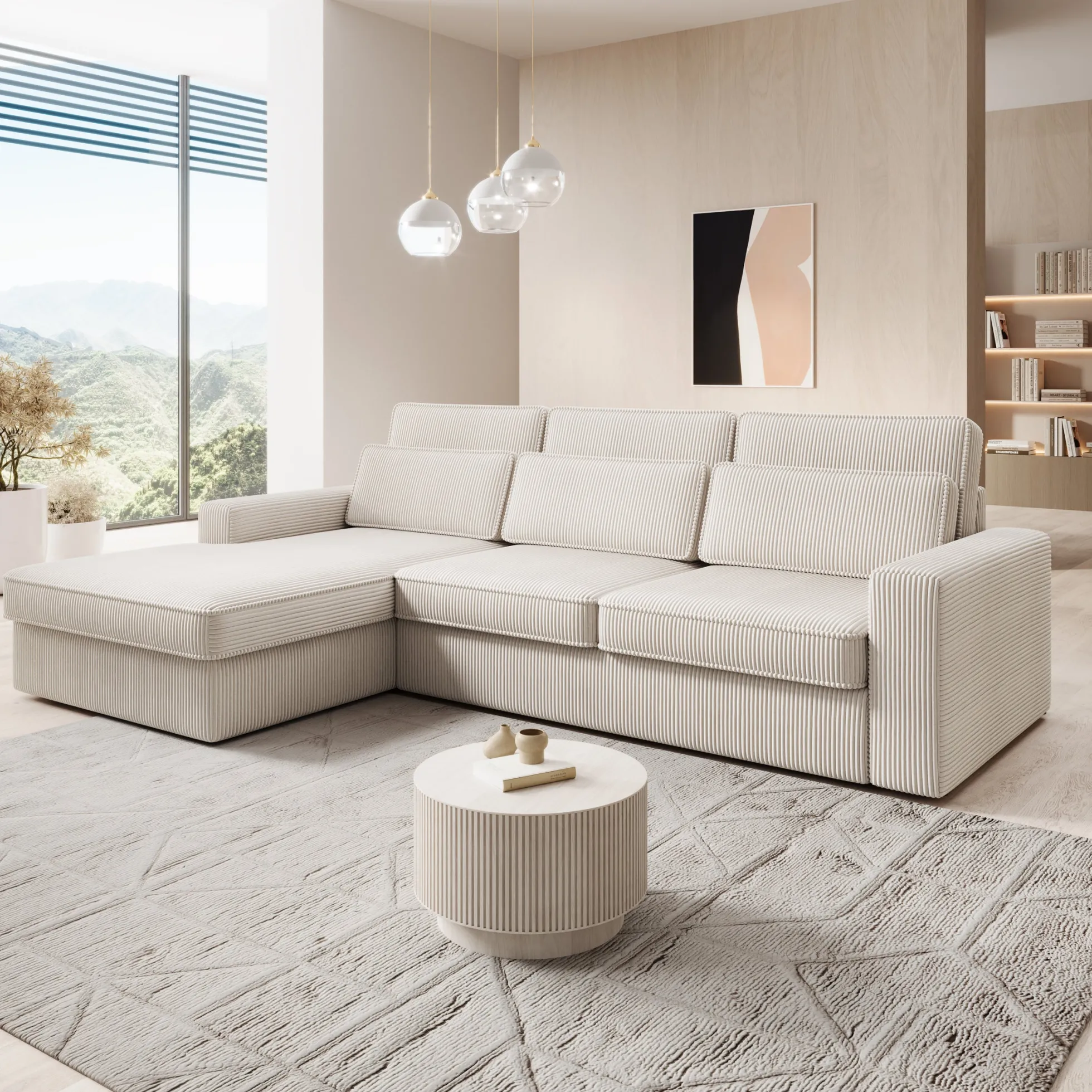 Montore - Hoekbank 3-zits met chaise longue - Ribstof beige - Links