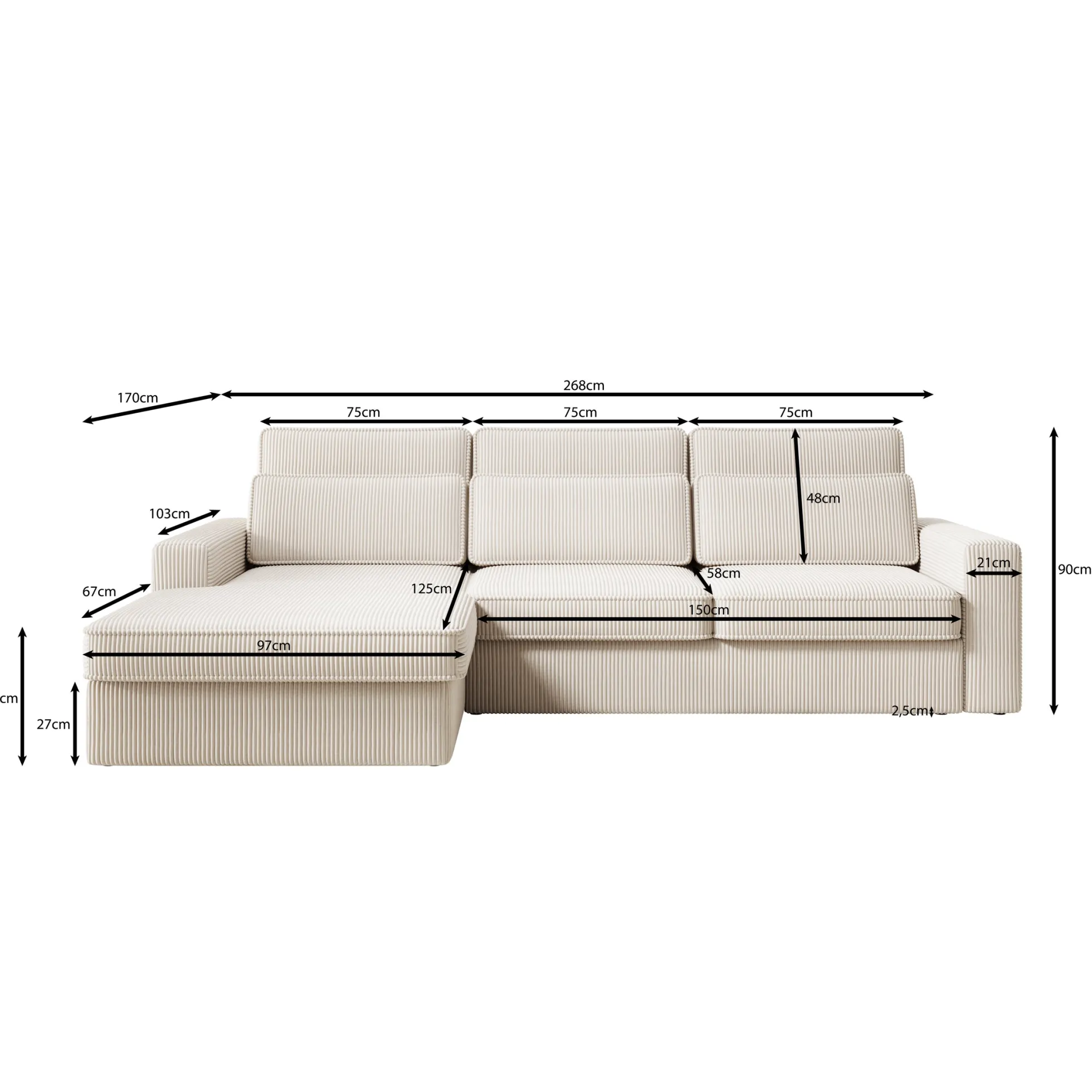 Montore - Hoekbank 3-zits met chaise longue - Ribstof beige - Links