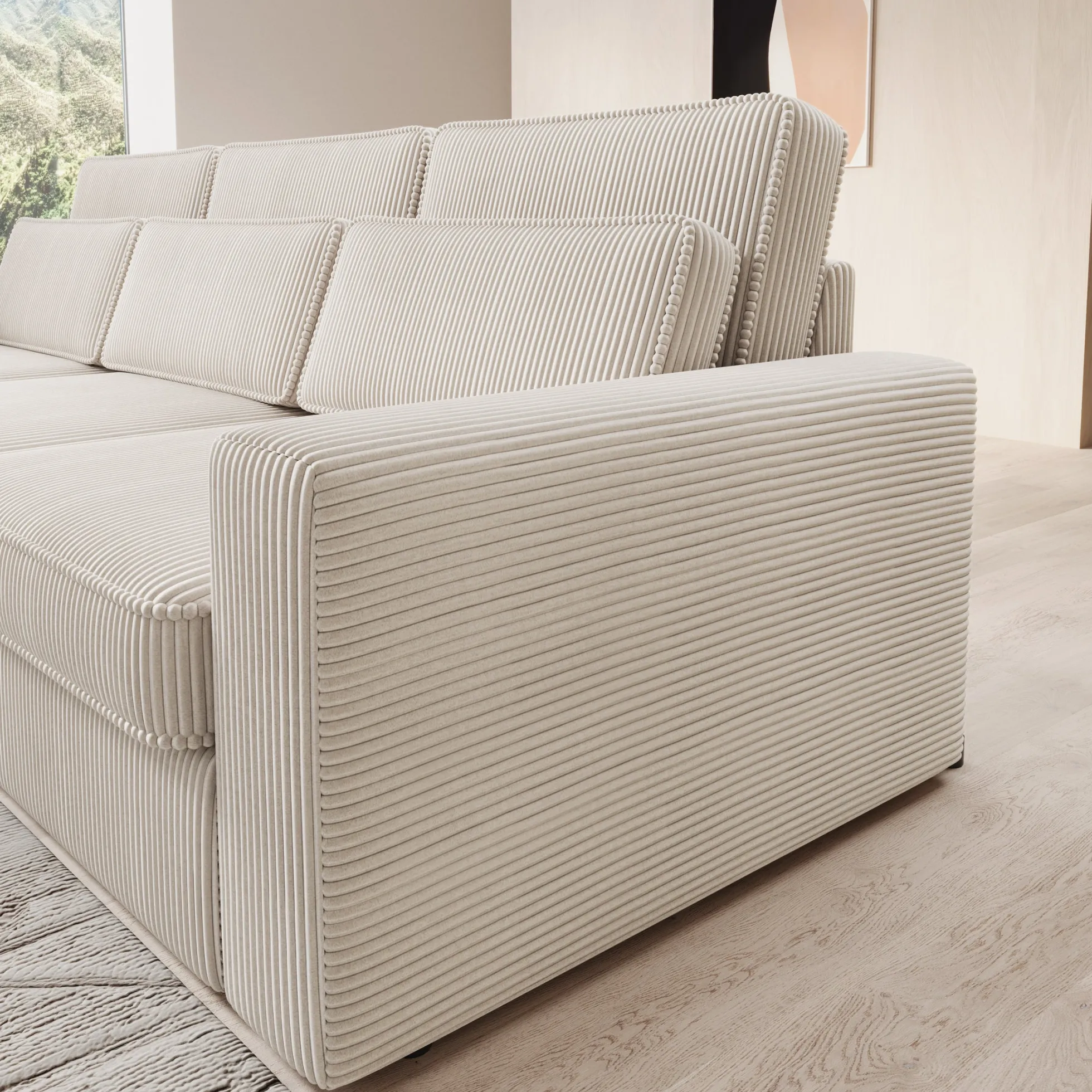 Montore - Hoekbank 3-zits met chaise longue - Ribstof beige - Links