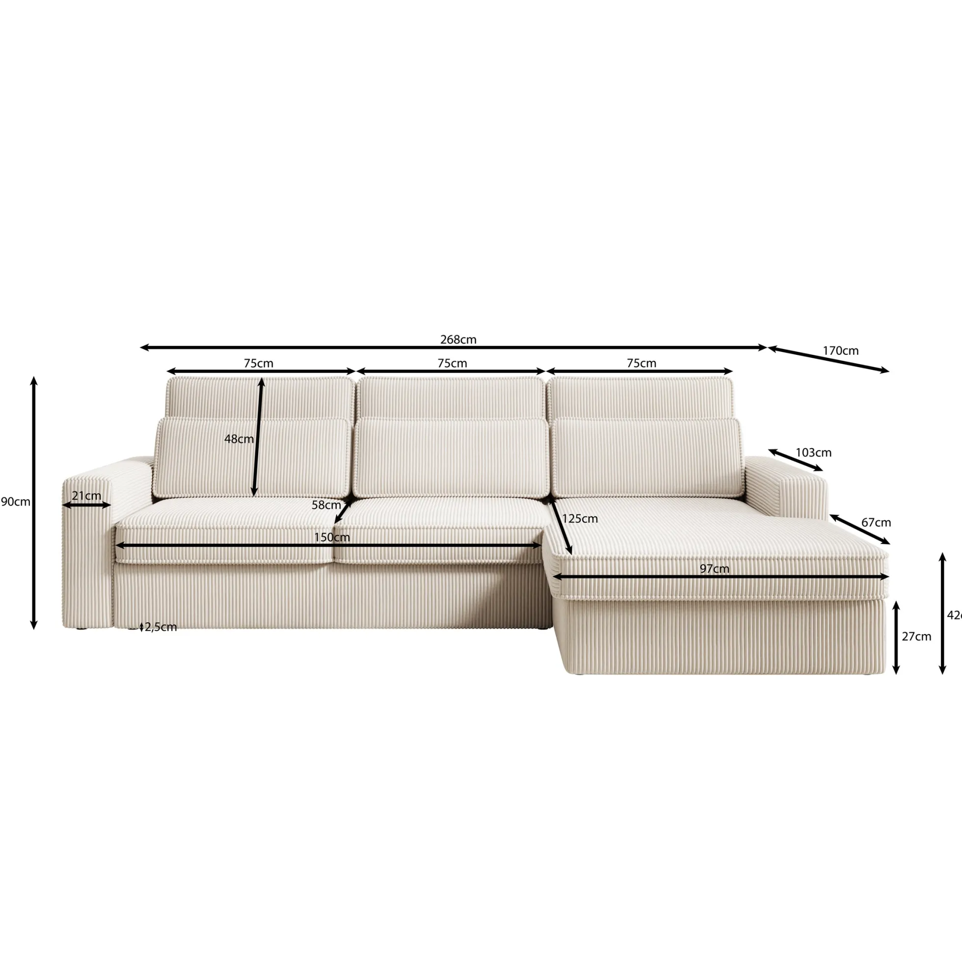 Montore - Hoekbank 3-zits met chaise longue - Ribstof beige - Rechts
