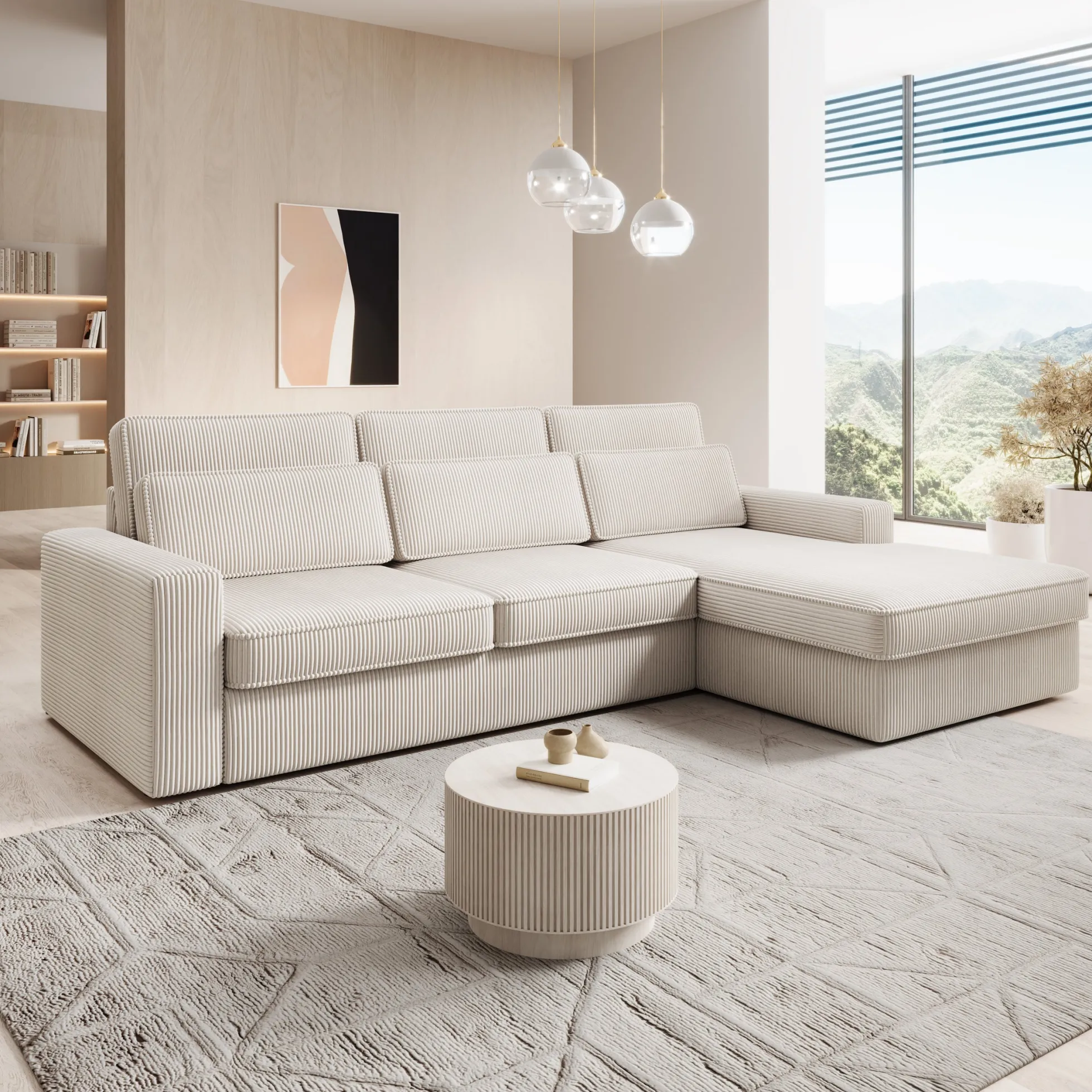 Montore - Hoekbank 3-zits met chaise longue - Ribstof beige - Rechts