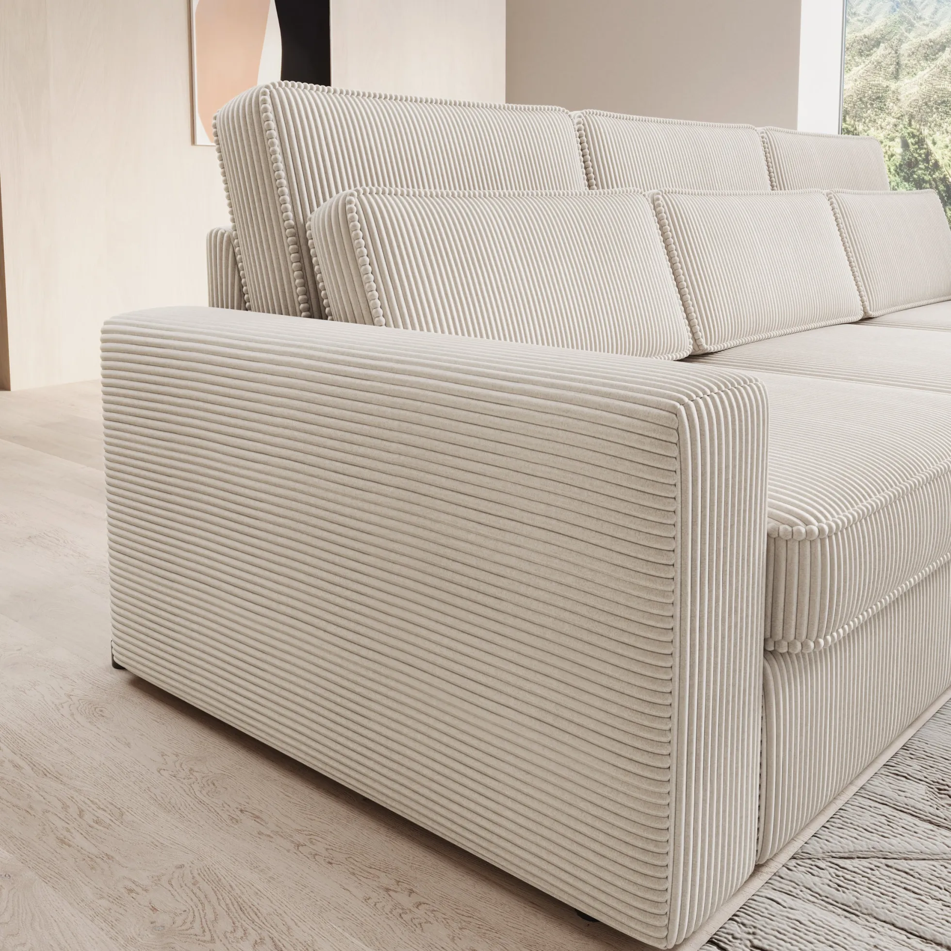 Montore - Hoekbank 3-zits met chaise longue - Ribstof beige - Rechts