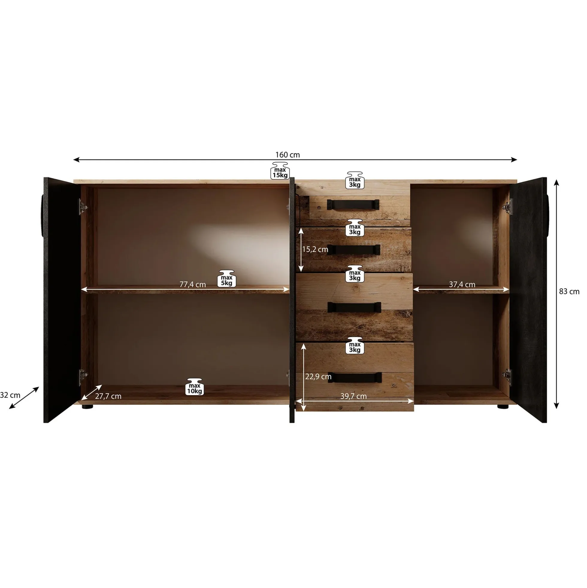 Montreal - Dressoir - Grijs/old wood - 160x32x83 cm