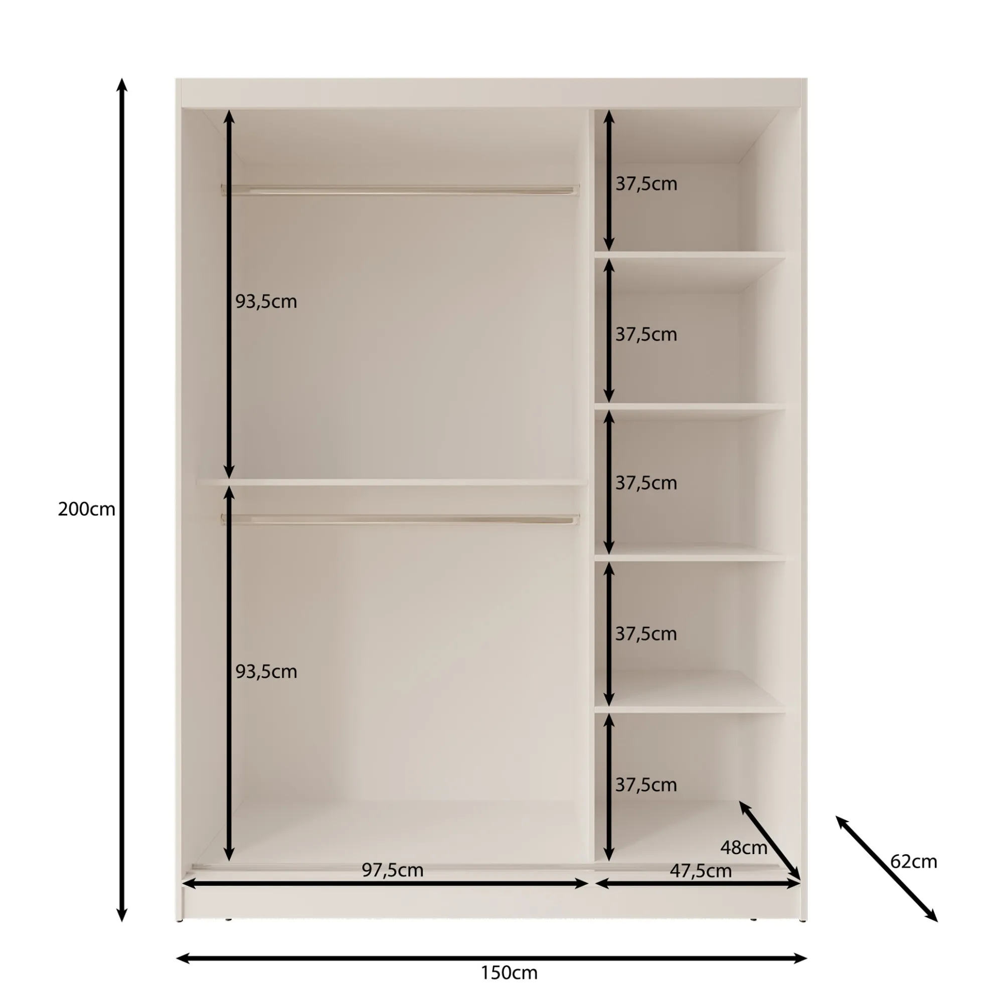 Moyo - Kledingkast met 2 schuifdeuren - Wit - 150x62x200 cm