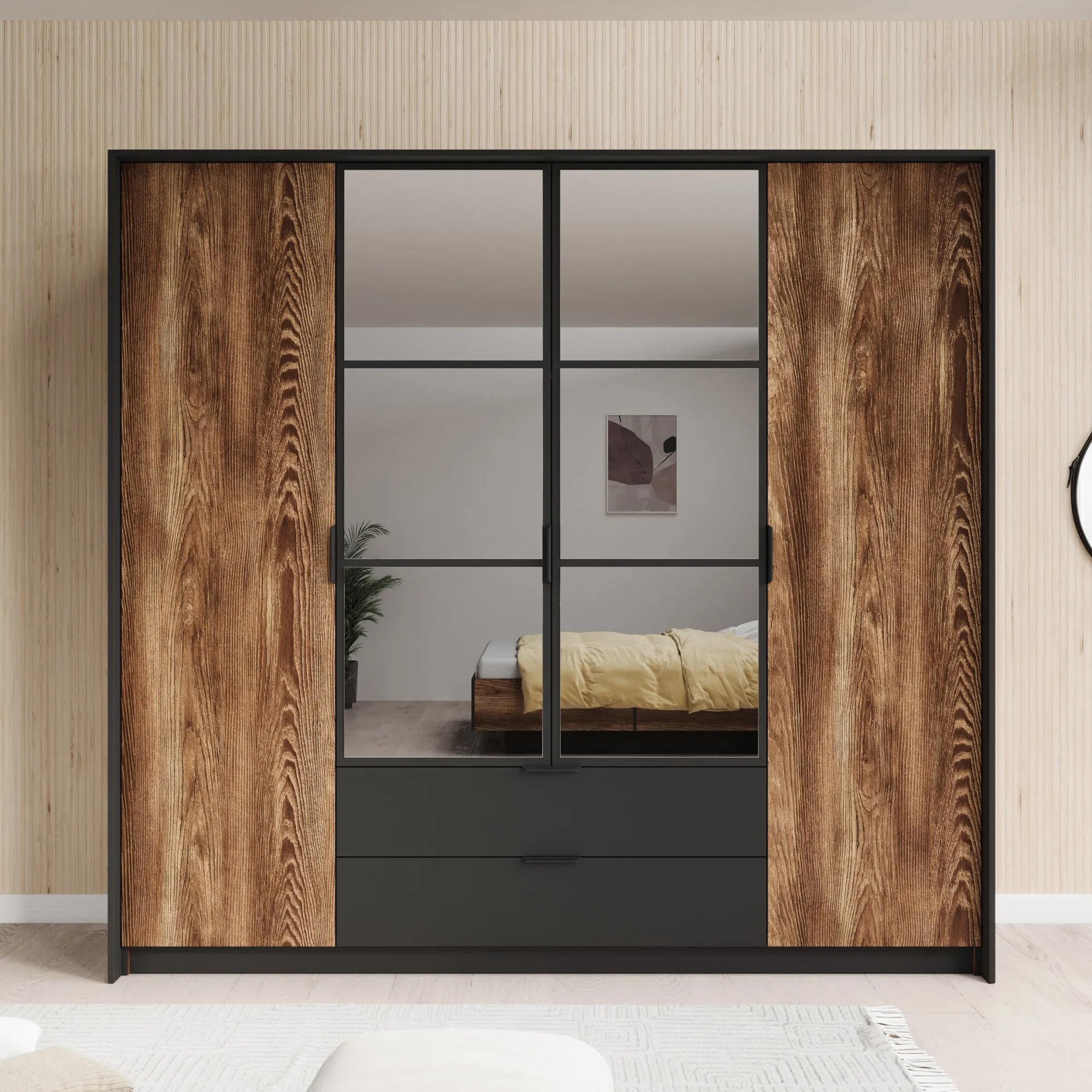 Mulvey - Kledingkast 4-deurs - Eiken/antraciet - 223x59x210 cm