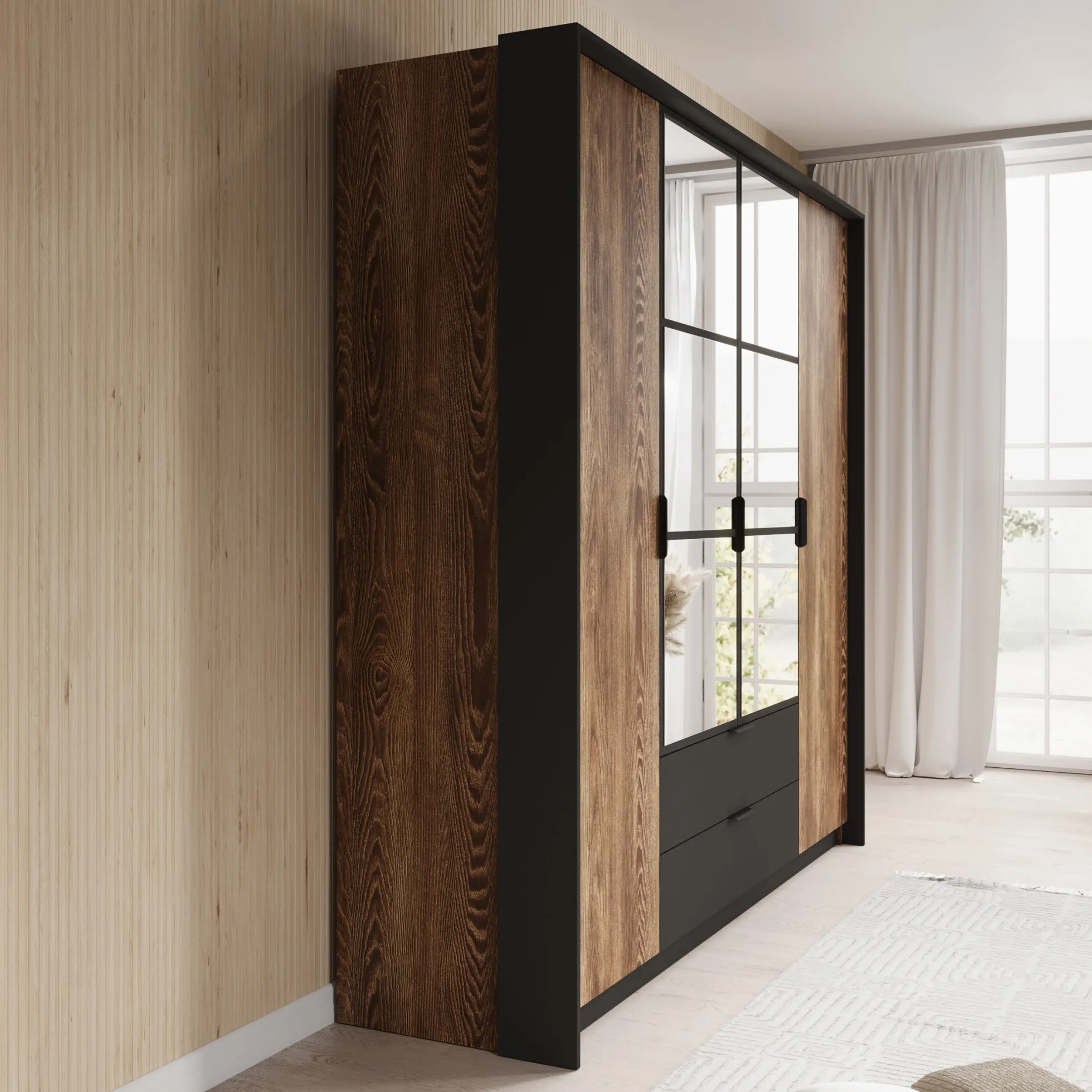 Mulvey - Kledingkast 4-deurs - Eiken/antraciet - 223x59x210 cm