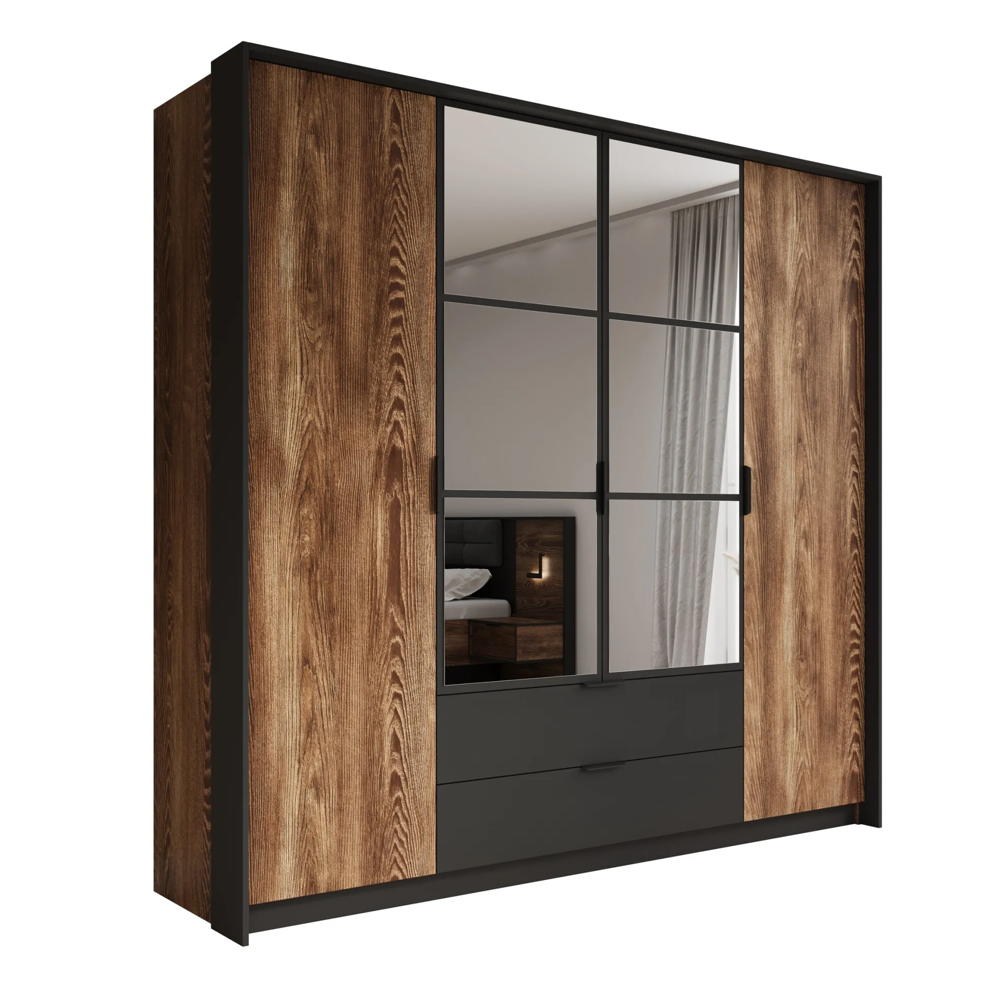 Mulvey - Kledingkast 4-deurs - Eiken/antraciet - 223x59x210 cm