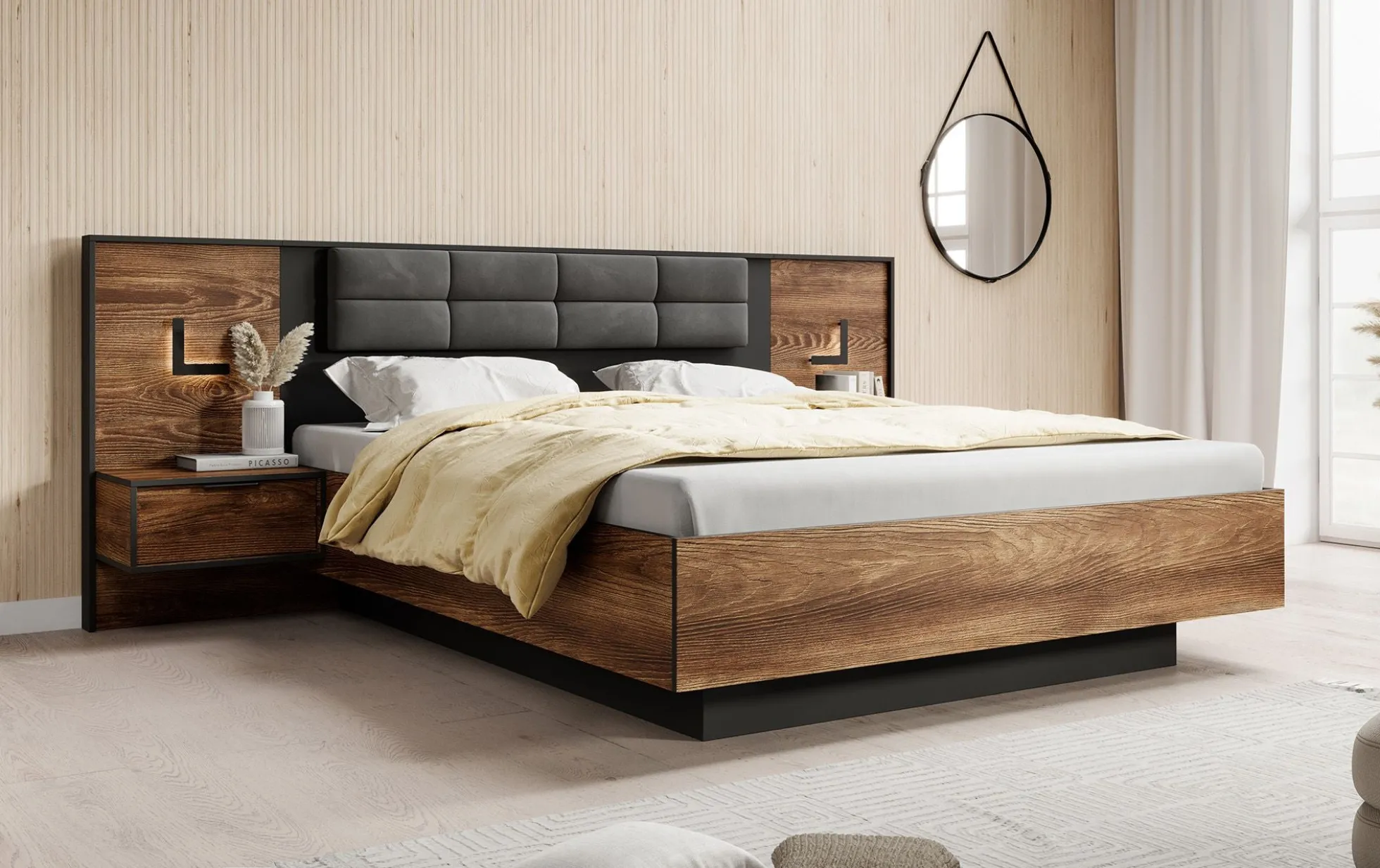 Mulvey - Tweepersoonsbed met nachtkastjes - Eiken/Antraciet - 160x200