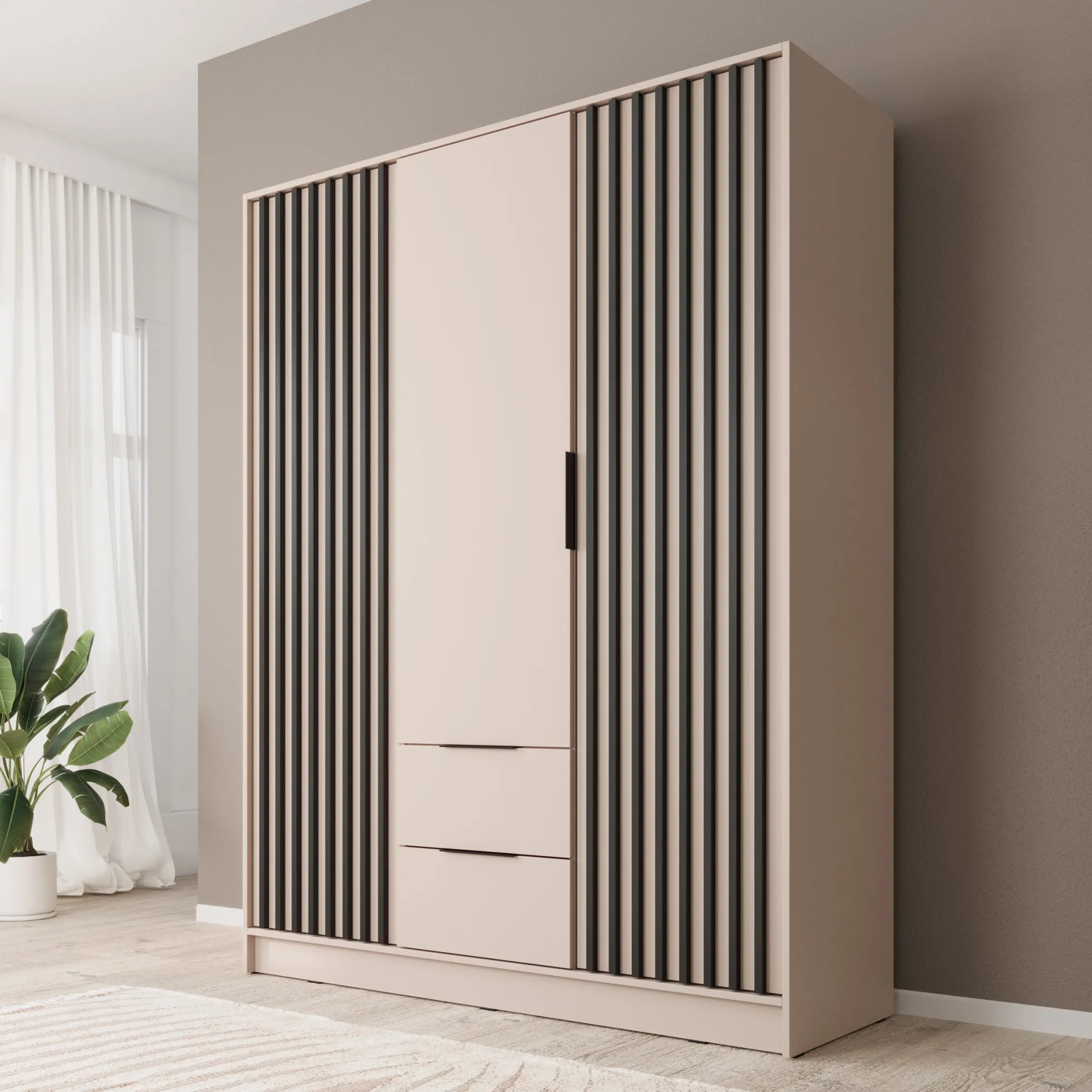 Nairobi - Kledingkast 3-deurs - Beige/zwart - 155x51x200 cm