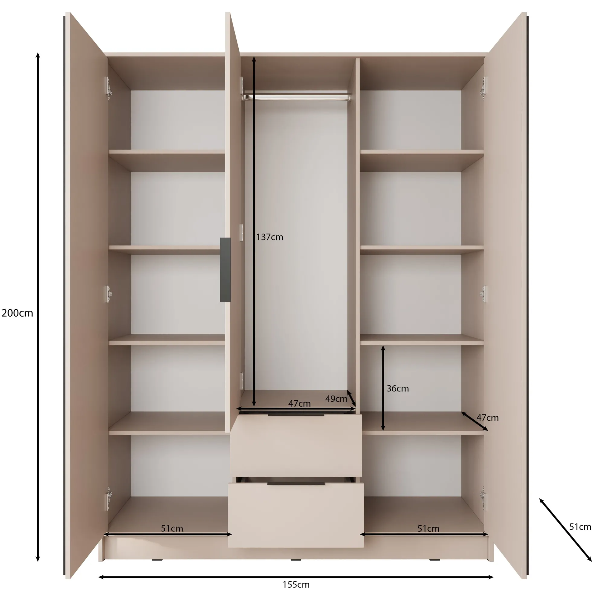 Nairobi - Kledingkast 3-deurs - Beige/zwart - 155x51x200 cm