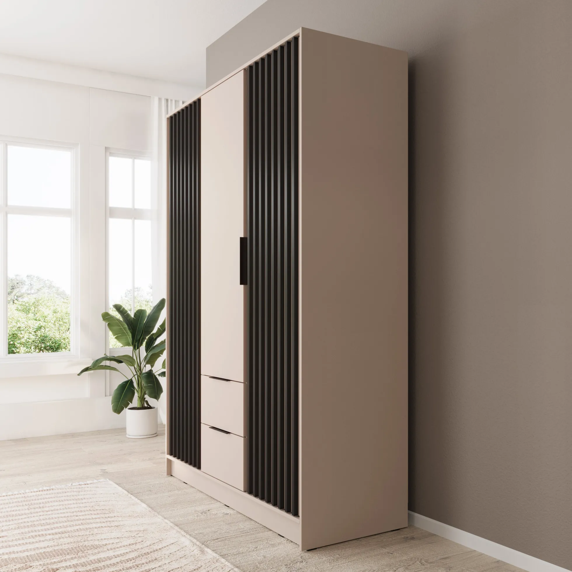 Nairobi - Kledingkast 3-deurs - Beige/zwart - 155x51x200 cm