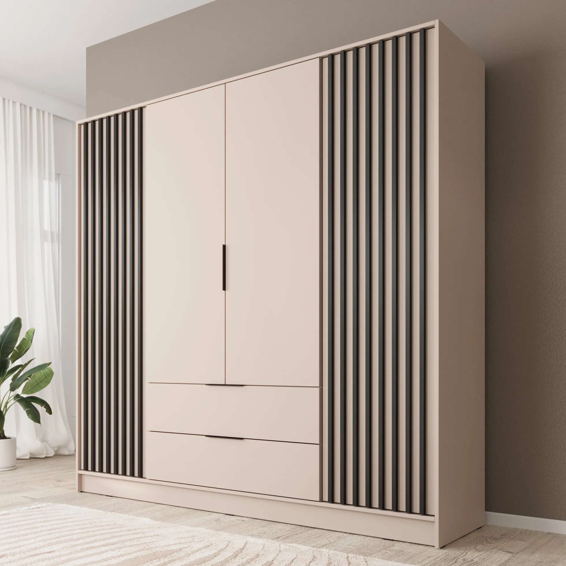 Nairobi - Kledingkast 4-deurs - Beige/zwart - 206x51x200 cm