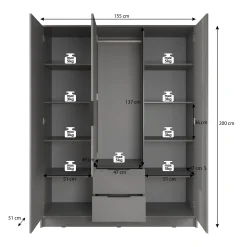 Nairobi - Kledingkast 3-deurs - Antraciet/eiken - 155x51x200 cm