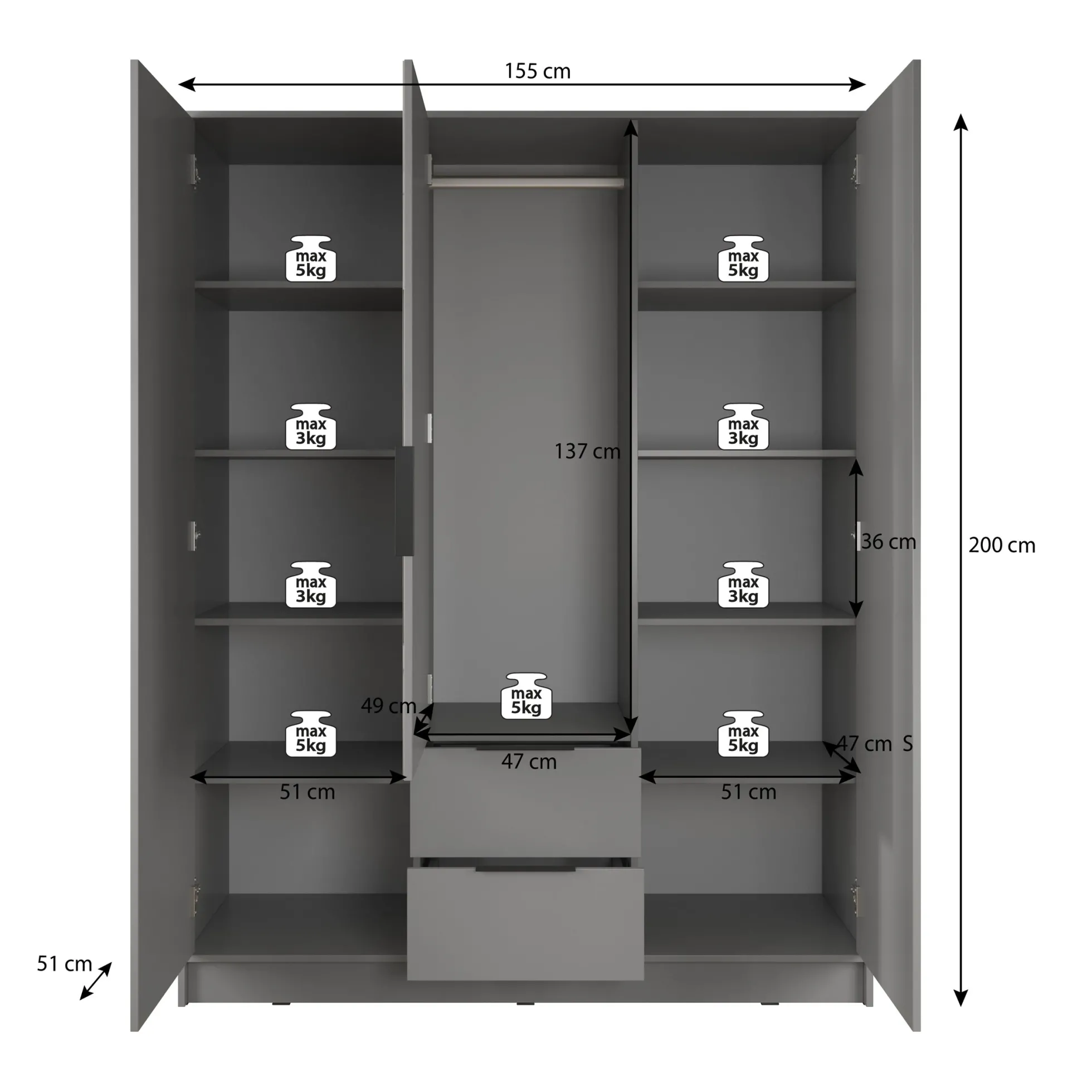 Nairobi - Kledingkast 3-deurs - Antraciet/eiken - 155x51x200 cm