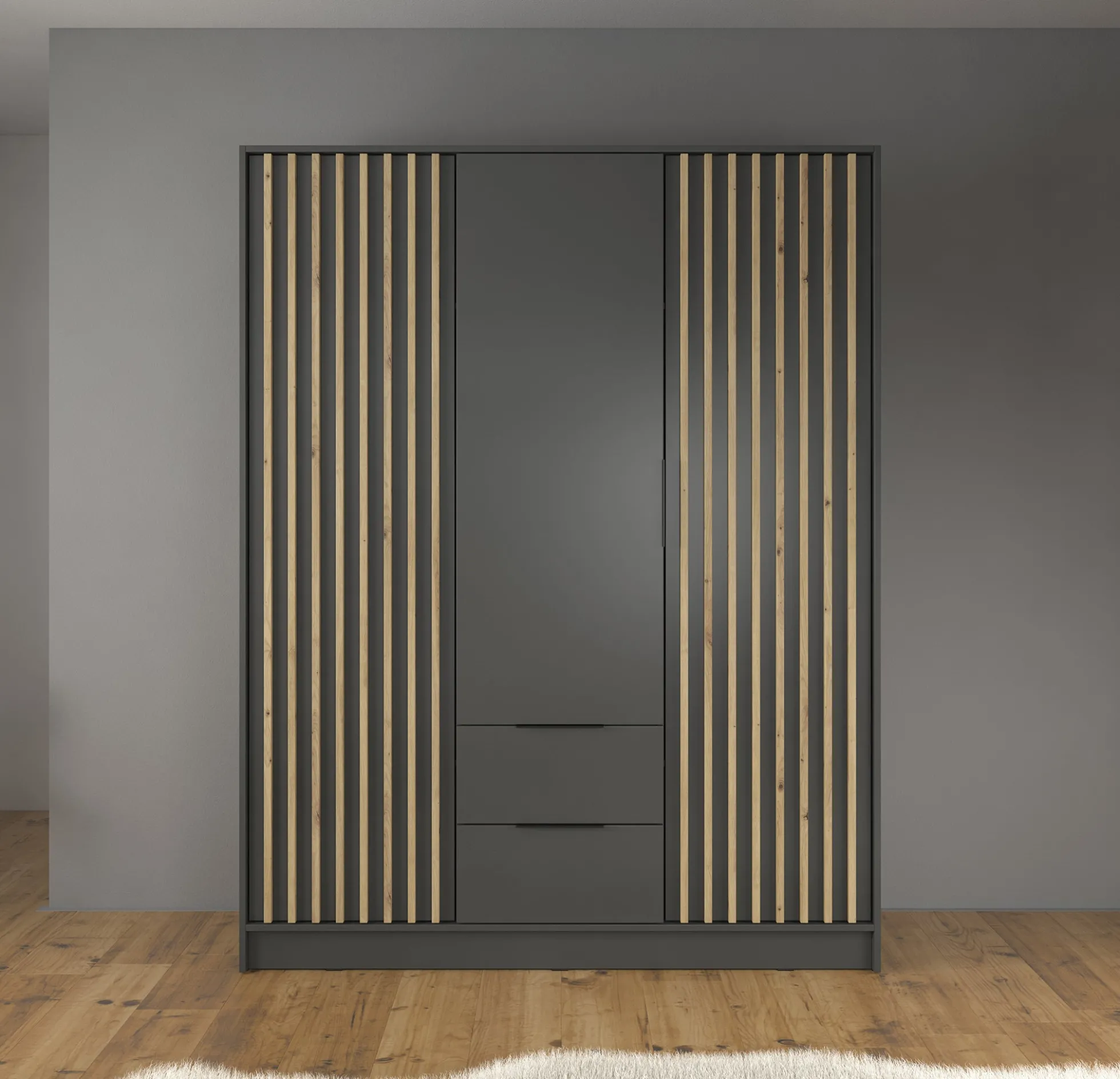 Nairobi - Kledingkast 3-deurs - Antraciet/eiken - 155x51x200 cm