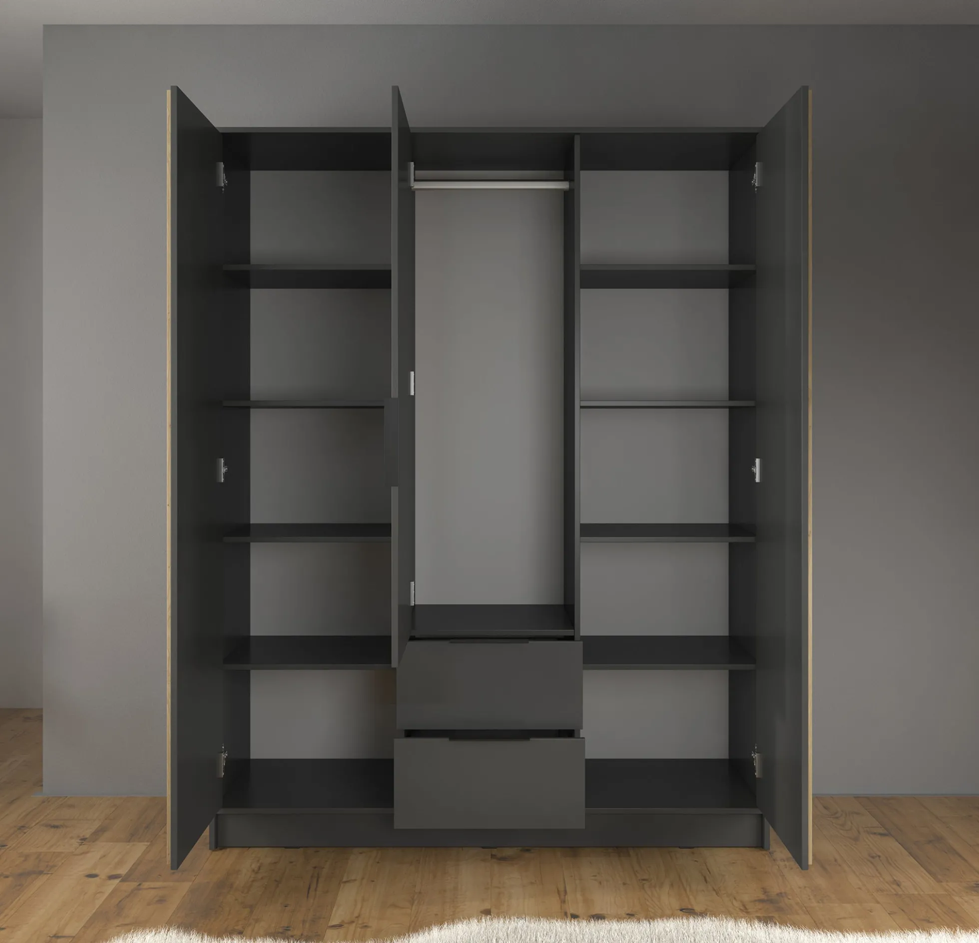 Nairobi - Kledingkast 3-deurs - Antraciet/eiken - 155x51x200 cm