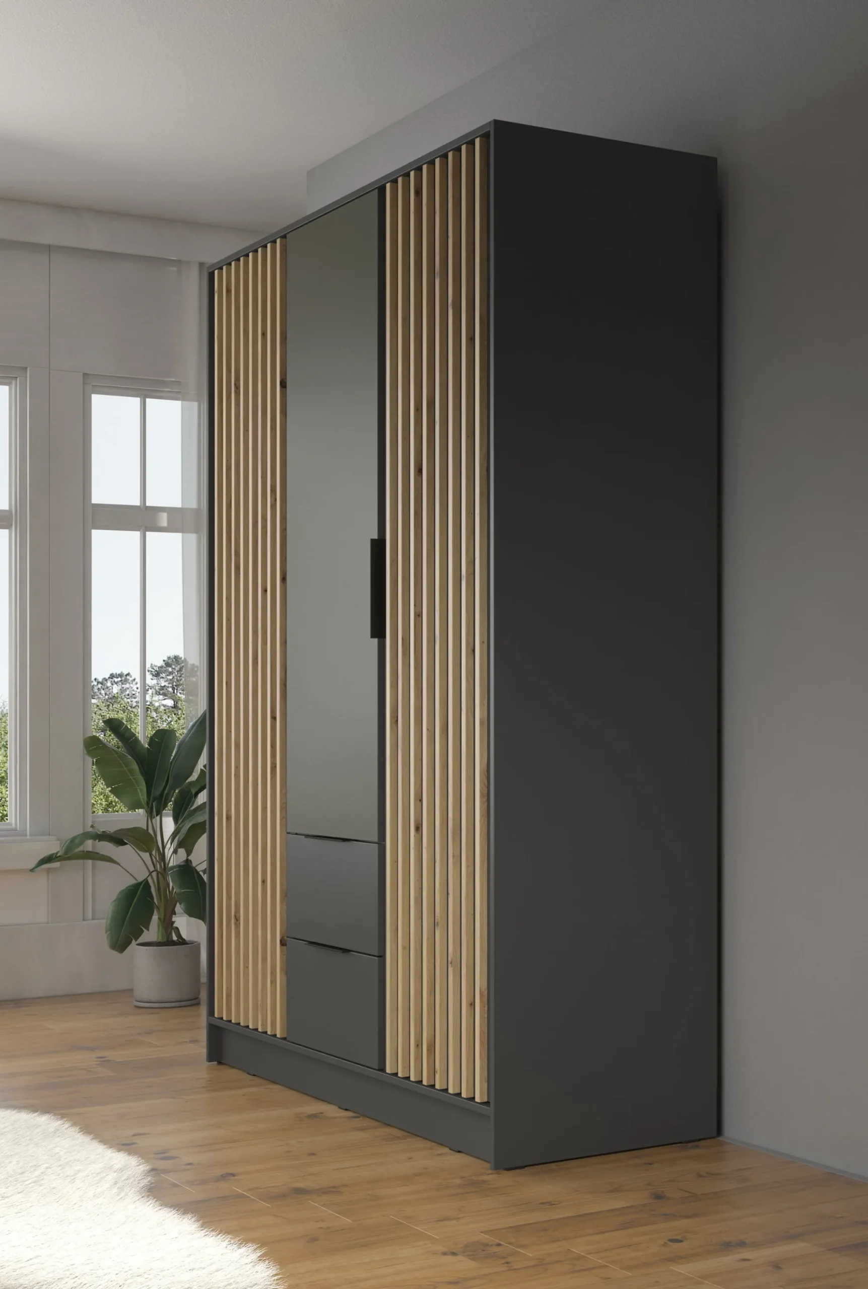 Nairobi - Kledingkast 3-deurs - Antraciet/eiken - 155x51x200 cm